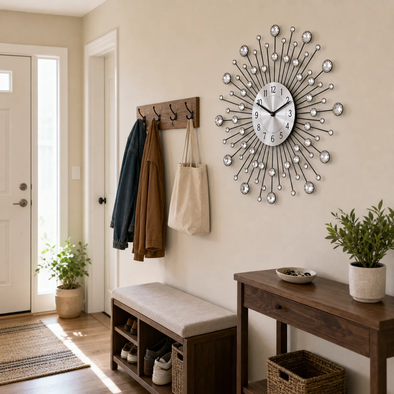 Crystal Sunburst Wall Clock for a Rental Entryway Silver crystal sunburst wall clock on a compact apartment entryway wall with bench and coat hooks