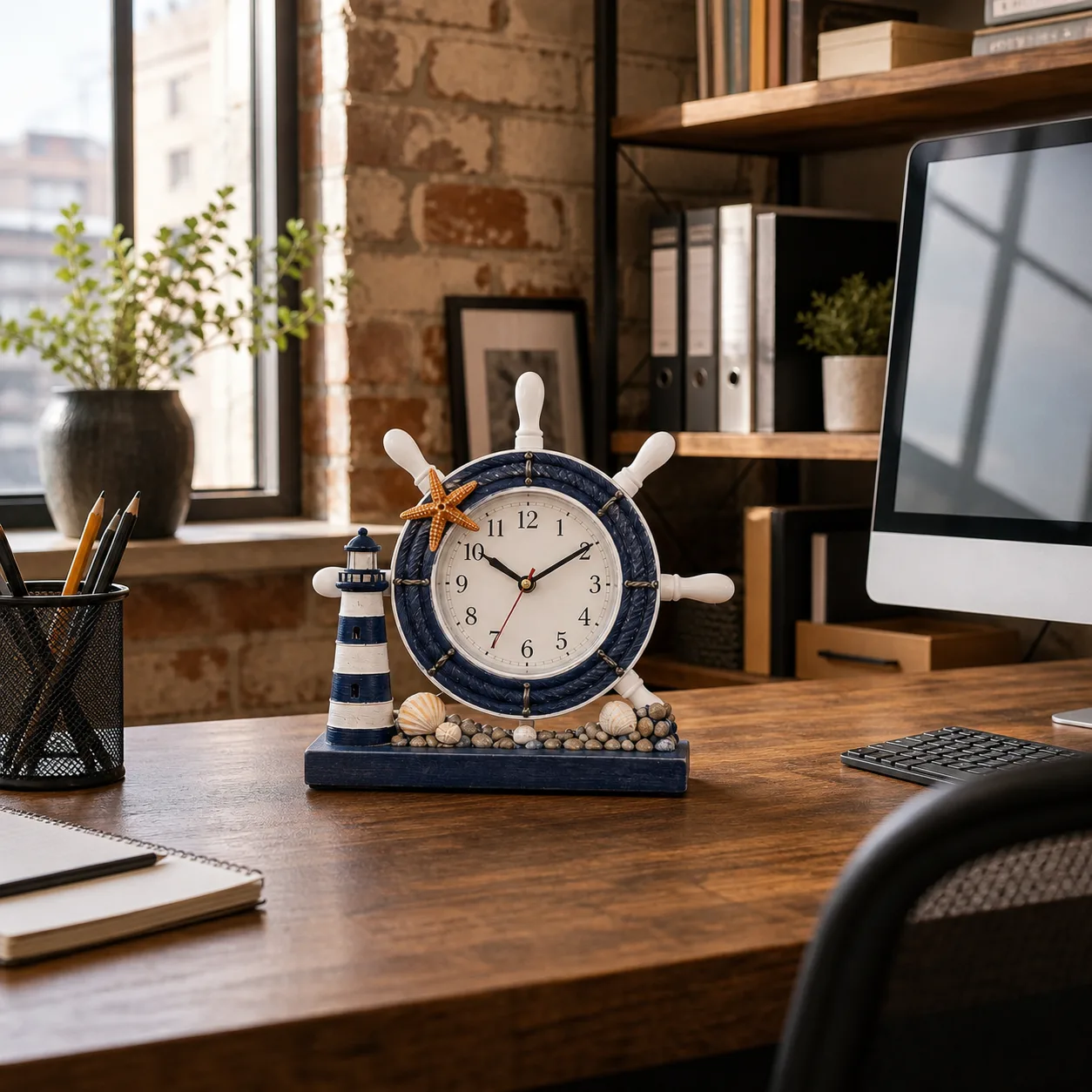 Nautical Lighthouse Desk Clock in Loft Home Office Nautical lighthouse and ship wheel desk clock on a wood desk in a loft home office with shelves and monitor