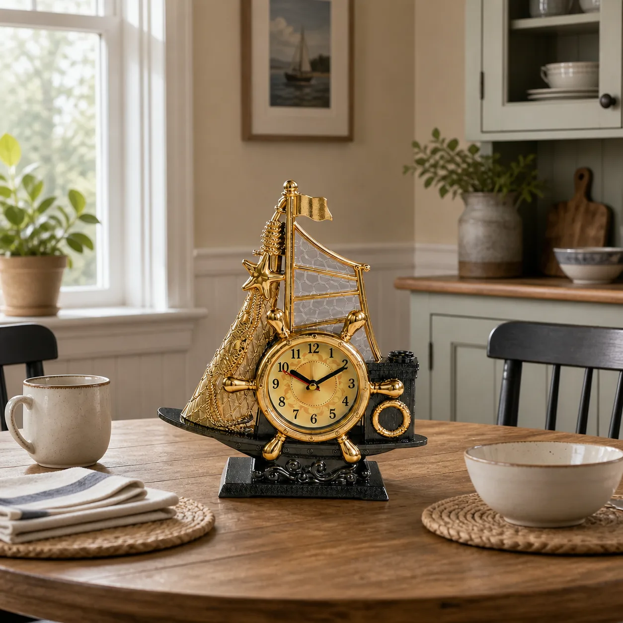 Vintage Maritime Desk Clock on Dining Nook Table Nautical sailing ship desk clock displayed on a round dining nook table in a small family home with soft cloudy daylight