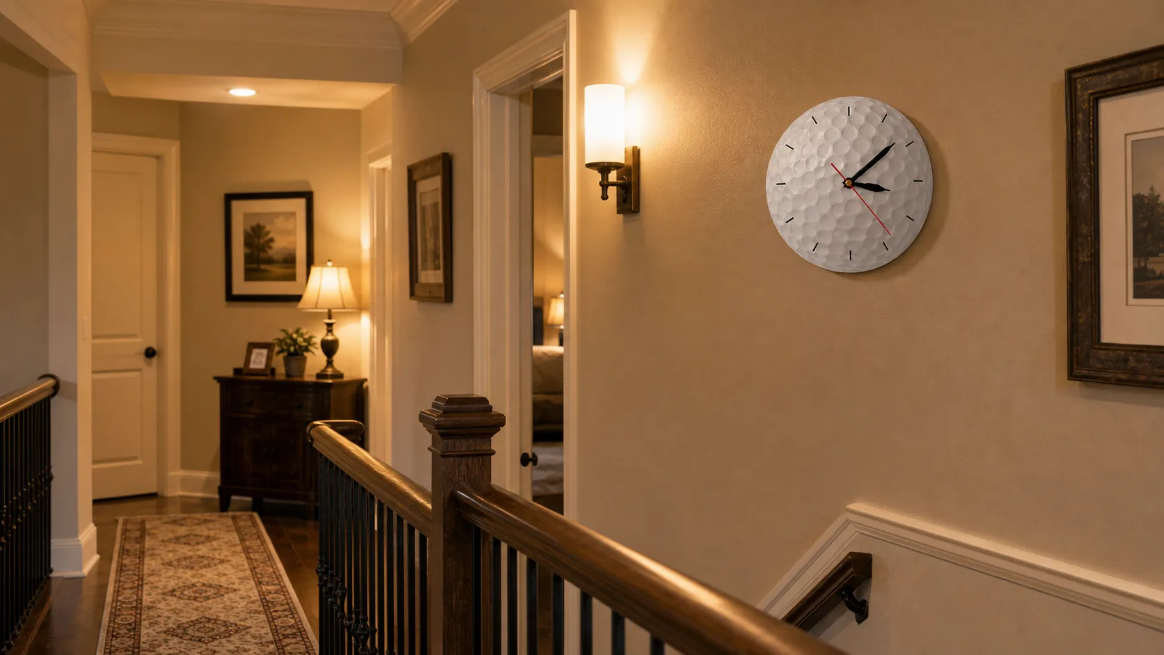 Golf Ball Wall Clock on Stair Landing White golf ball wall clock on a warm upstairs hallway wall near a banister.