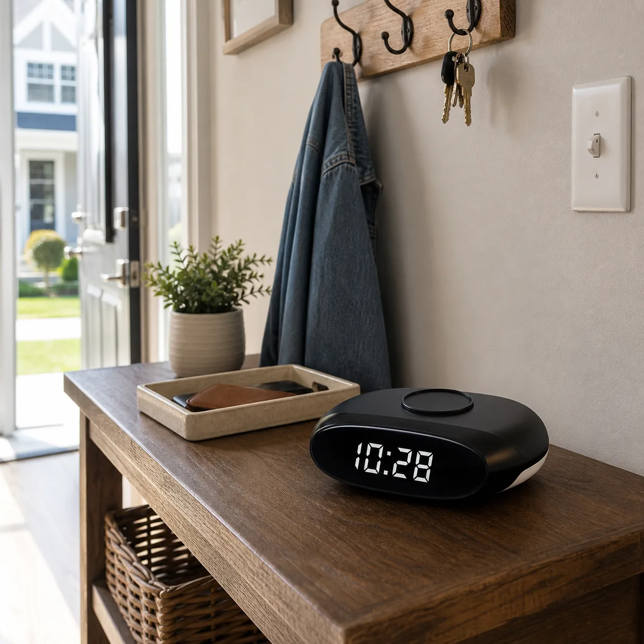 Digital Alarm Clock on Entryway Console Table Black digital alarm clock with top charging pad on an entryway console table near hooks and a light switch