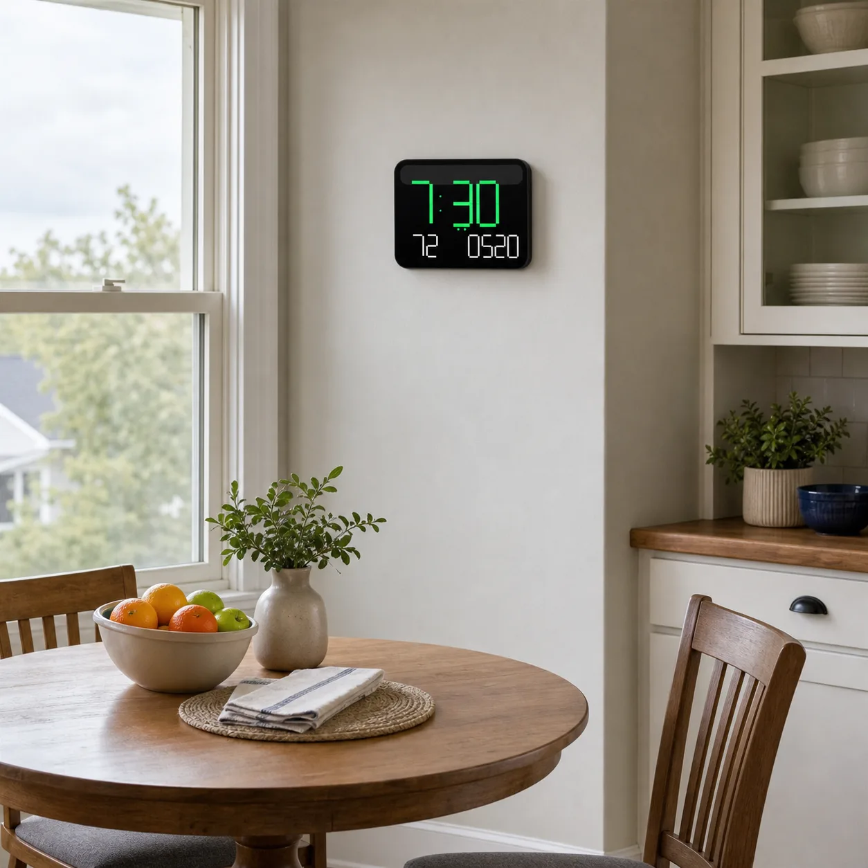 Digital LED Clock in Dining Nook Black digital LED wall clock mounted in a small dining nook near a round table, chairs, and kitchen cabinets.