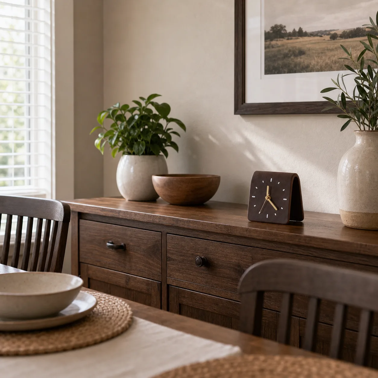 Brown Ceramic Clock on Dining Room Sideboard Brown curved ceramic table clock on a wood sideboard in a sunny townhouse dining room