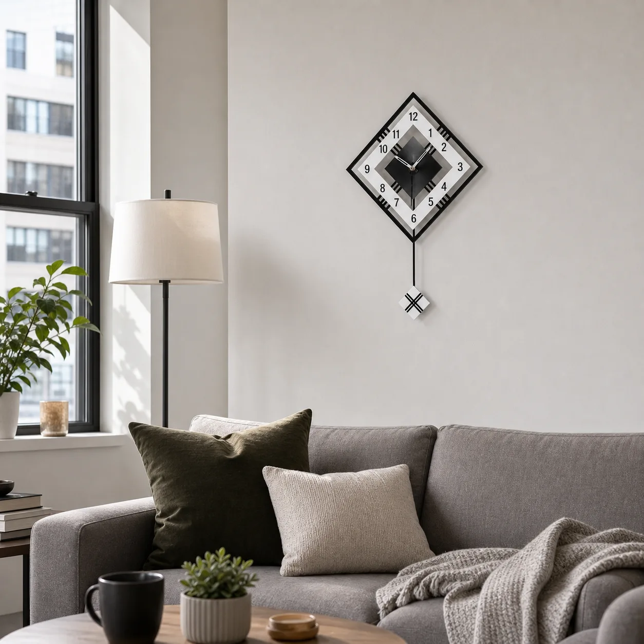 Diamond Pendulum Wall Clock in City Living Room Black and white geometric diamond pendulum wall clock above a sofa in a city apartment living room