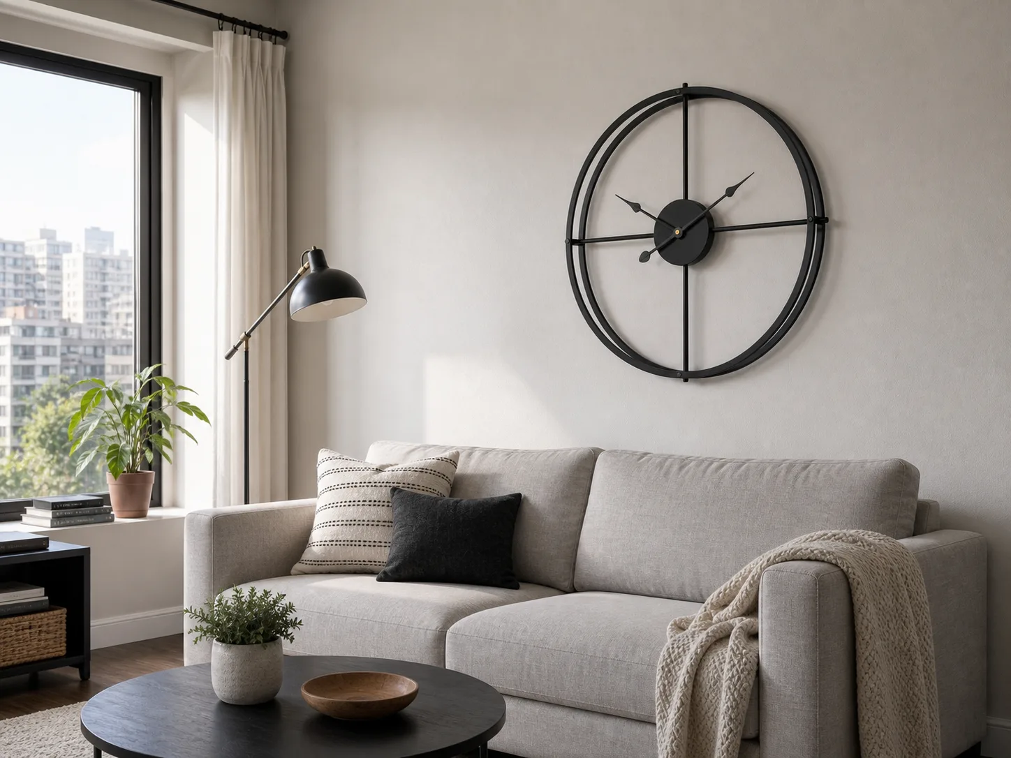 Large Minimalist Wall Clock in City Apartment Living Room Black open-frame geometric wall clock above a sofa in a morning-lit city apartment living room