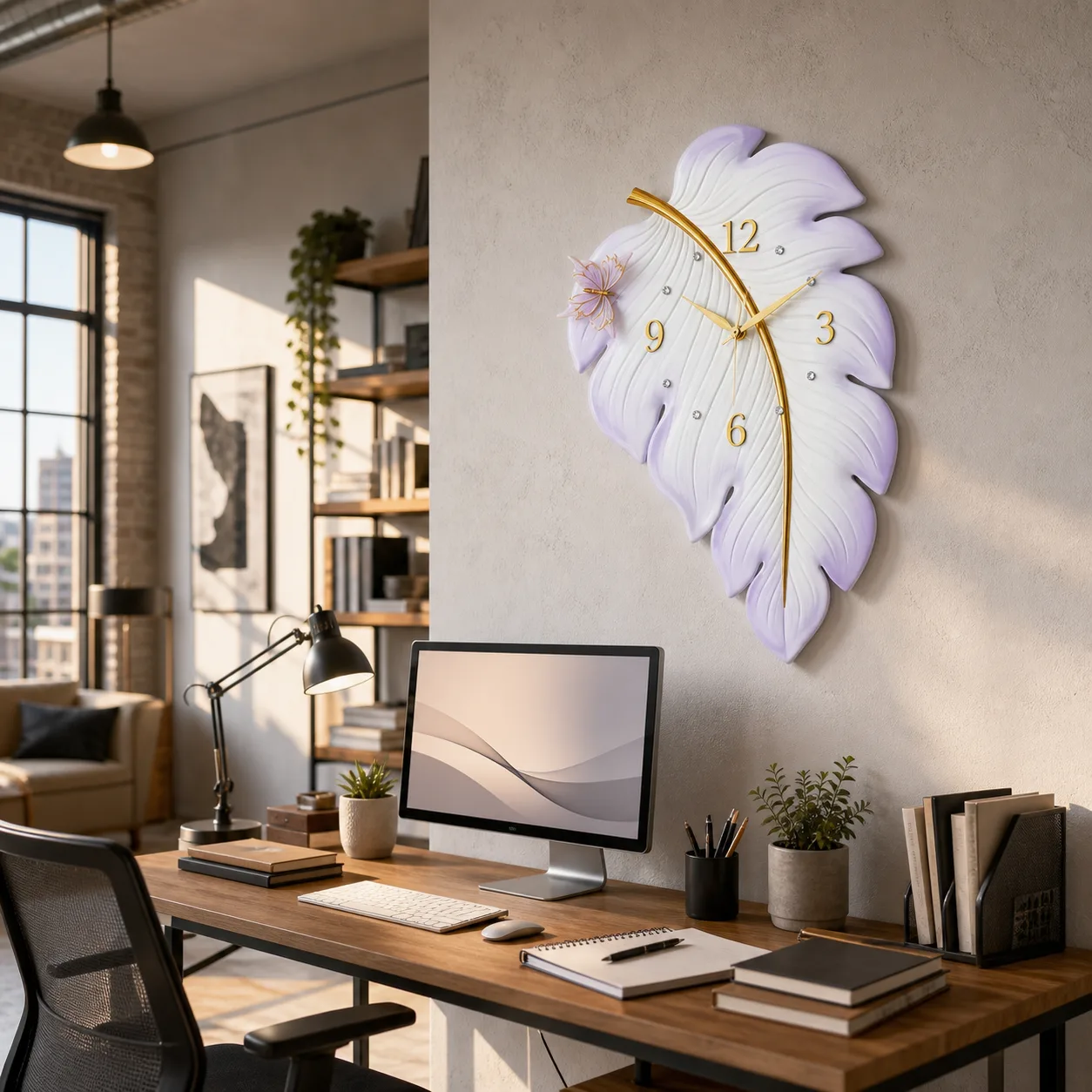 Leaf Butterfly Wall Clock in Loft Study Leaf and butterfly decorative wall clock above a home office desk in a loft-style study