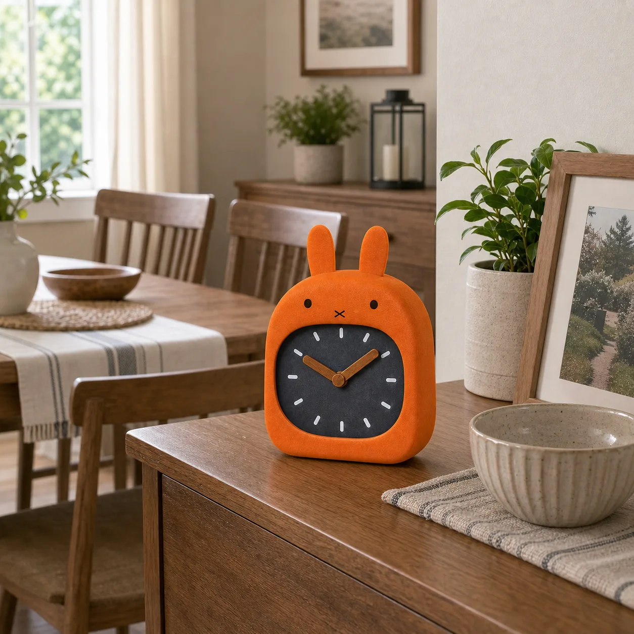 Animal Clock on a Townhouse Sideboard Orange animal desk clock on a wood sideboard in a suburban townhouse dining room