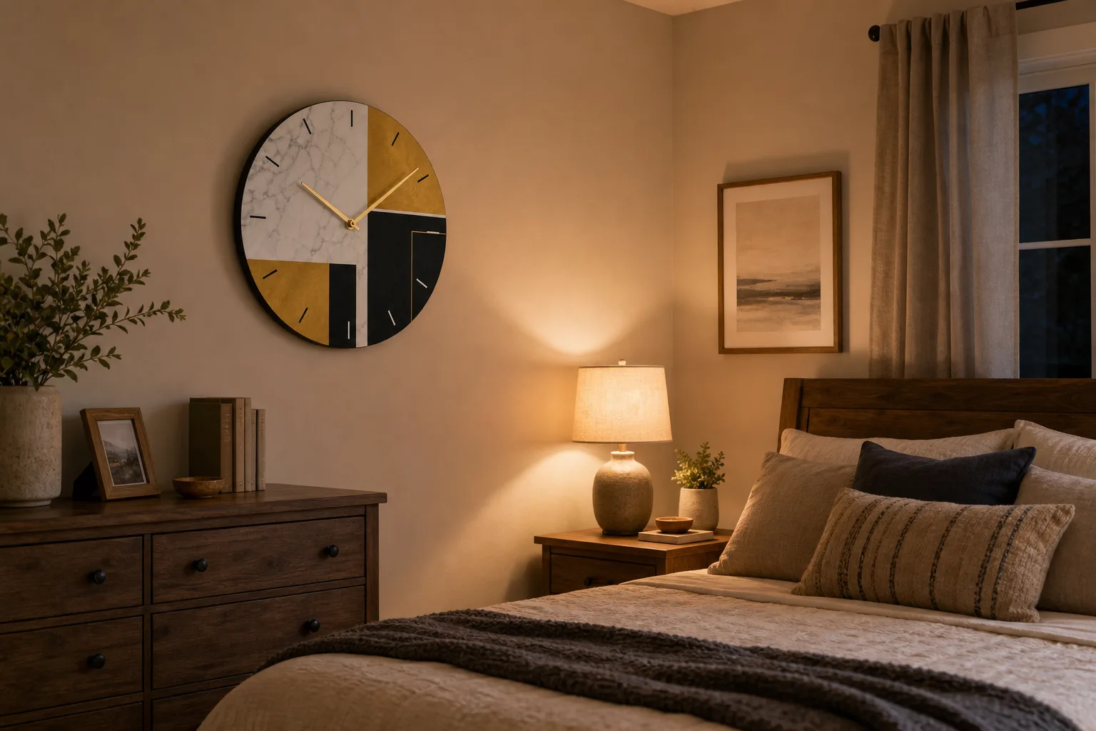 Abstract Wall Clock in an Evening Bedroom Abstract marble gold and black wall clock mounted above a dresser in a modest bedroom with warm lamp light