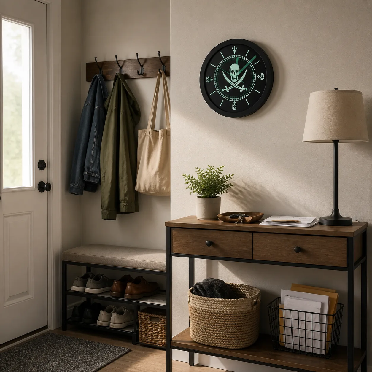 Pirate Skull Wall Clock on a Rental Entryway Wall Black pirate skull and swords wall clock on a neutral apartment entryway wall above a console table