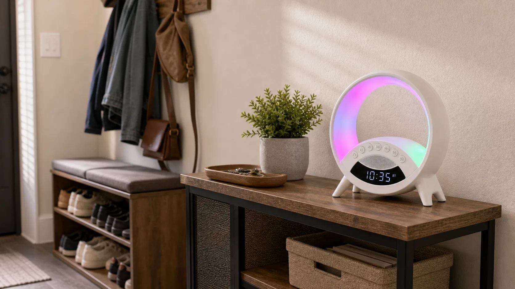 RGB Smart Alarm Clock in Compact Apartment Entryway White circular RGB alarm clock with speaker on a narrow console beside a shoe bench and coat hooks.