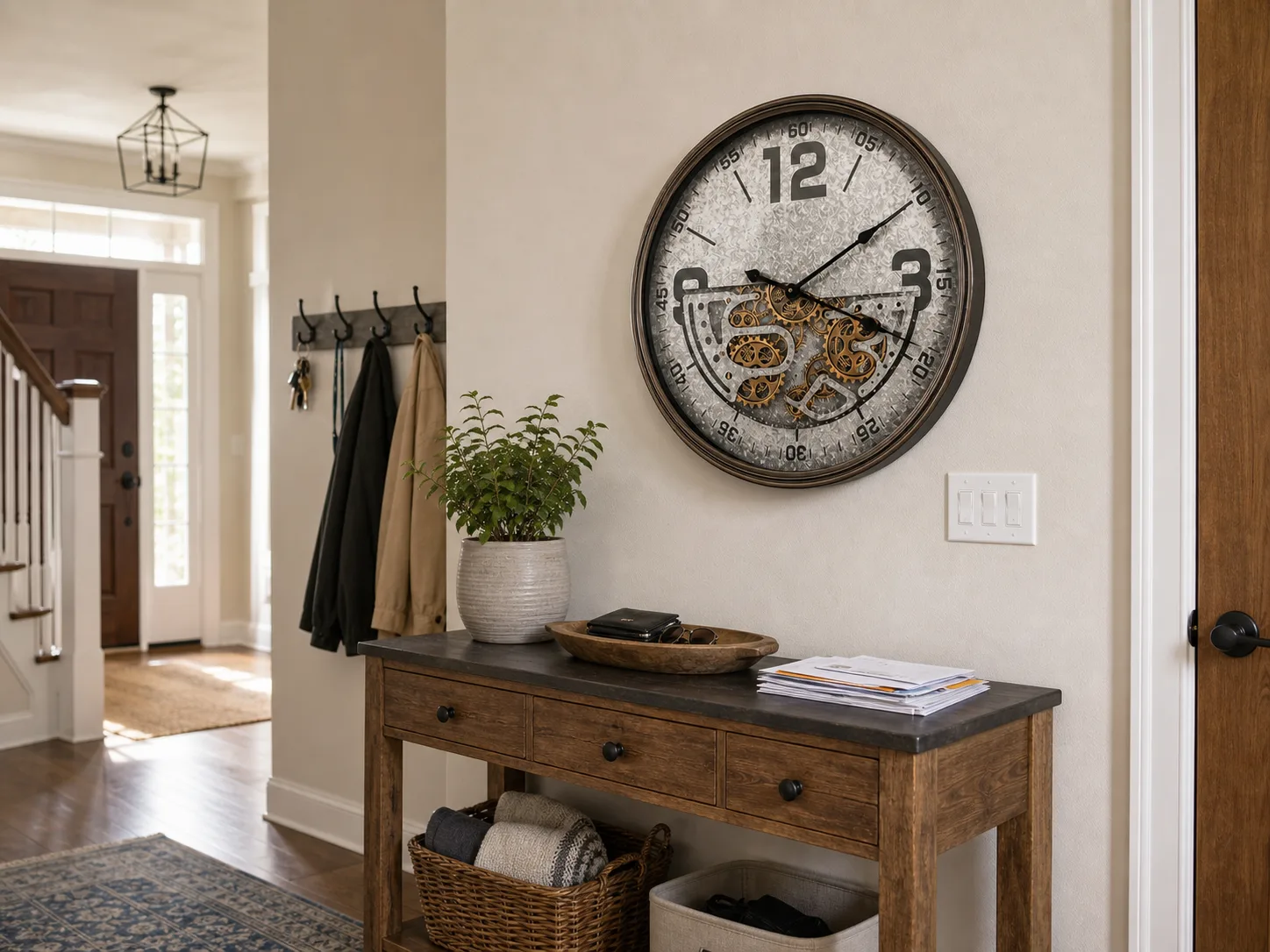 Steampunk Gear Wall Clock for a Suburban Entryway Large brushed metal industrial gear wall clock above an entryway console table with hooks, trim, and a nearby light switch.
