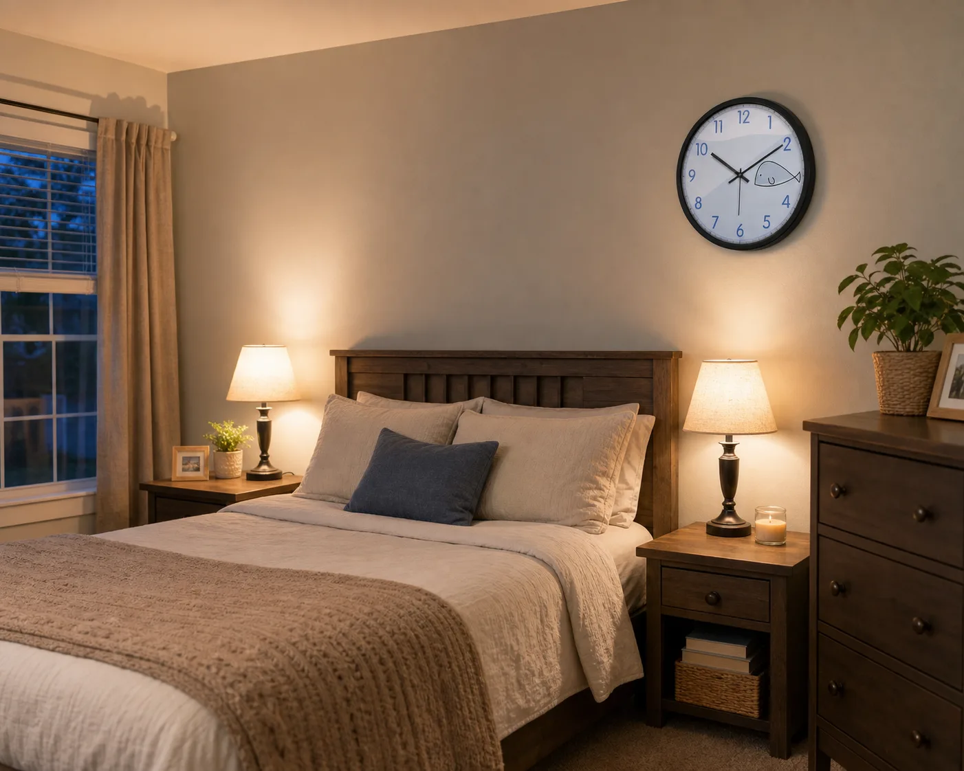 Blue Little Whale Wall Clock Above a Bedroom Bed Blue little whale wall clock mounted on a bedroom wall above soft bedding and wooden nightstands.