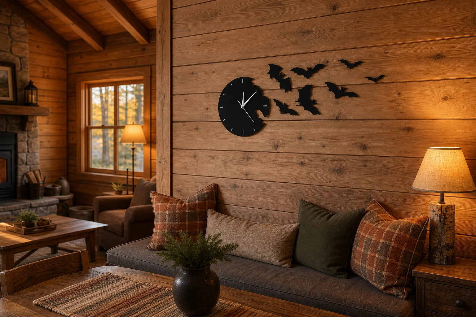 Bat Swarm Clock on a Cabin Plank Wall Bat Swarm Clock on a Cabin Plank Wall