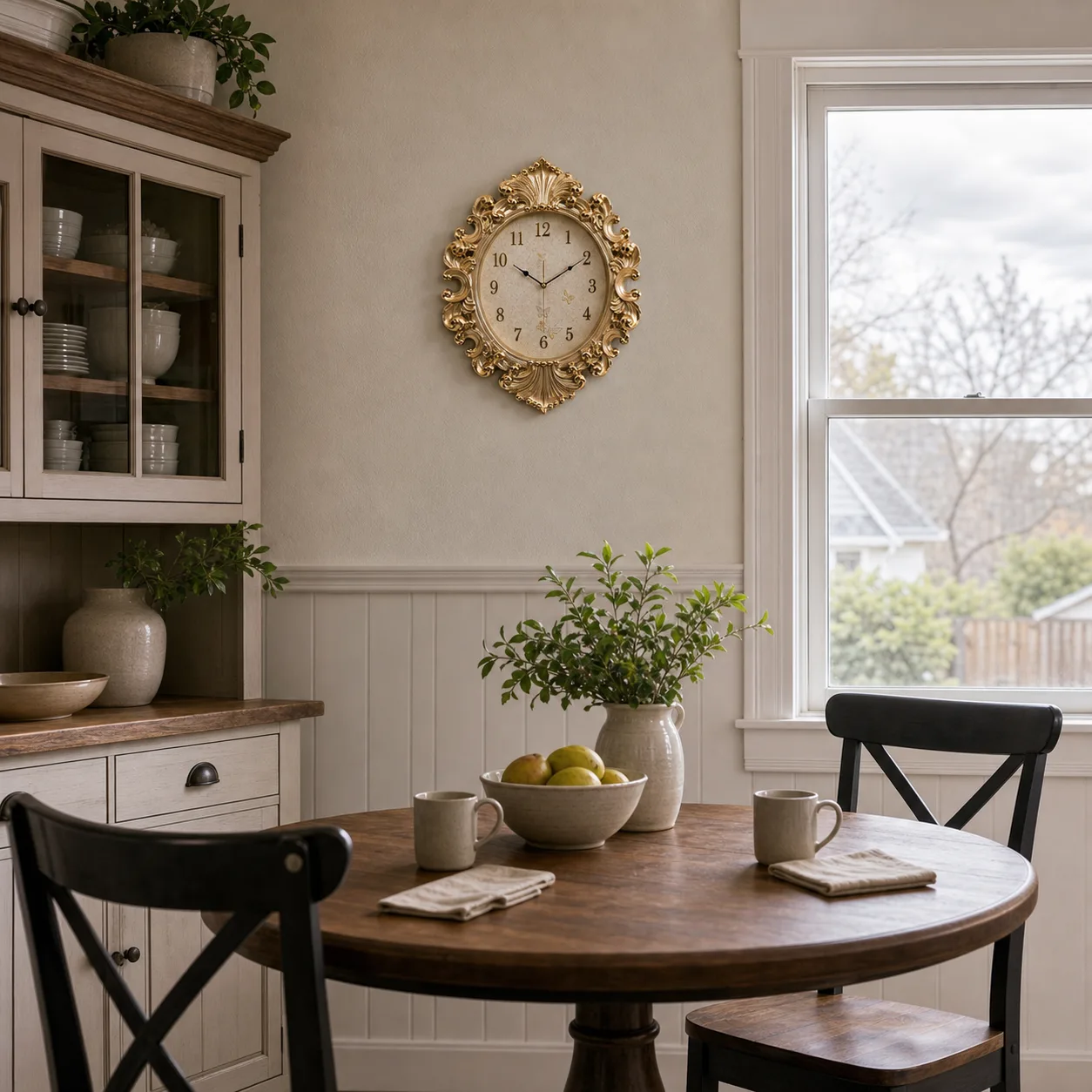Ornate Wall Clock in Family Dining Nook Gold European wall clock on a dining nook wall beside a window and round table