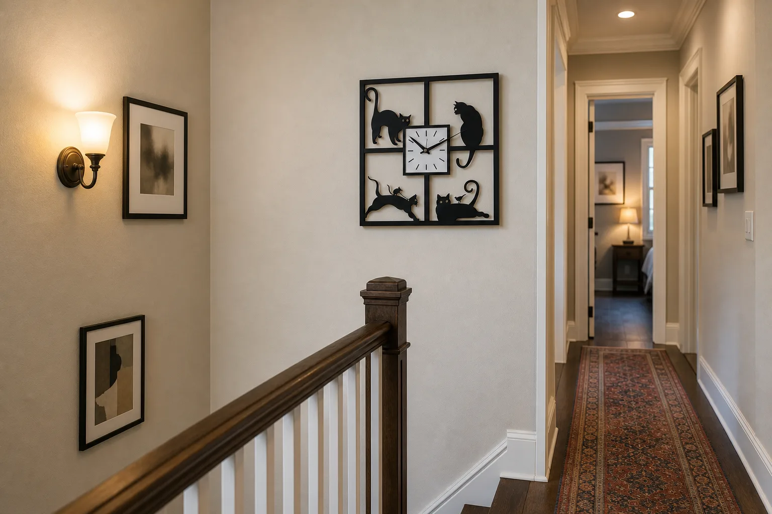 Cat Silhouette Wall Clock on a Warm Hallway Landing Black acrylic cat silhouette wall clock on an upstairs hallway landing with banister and runner rug