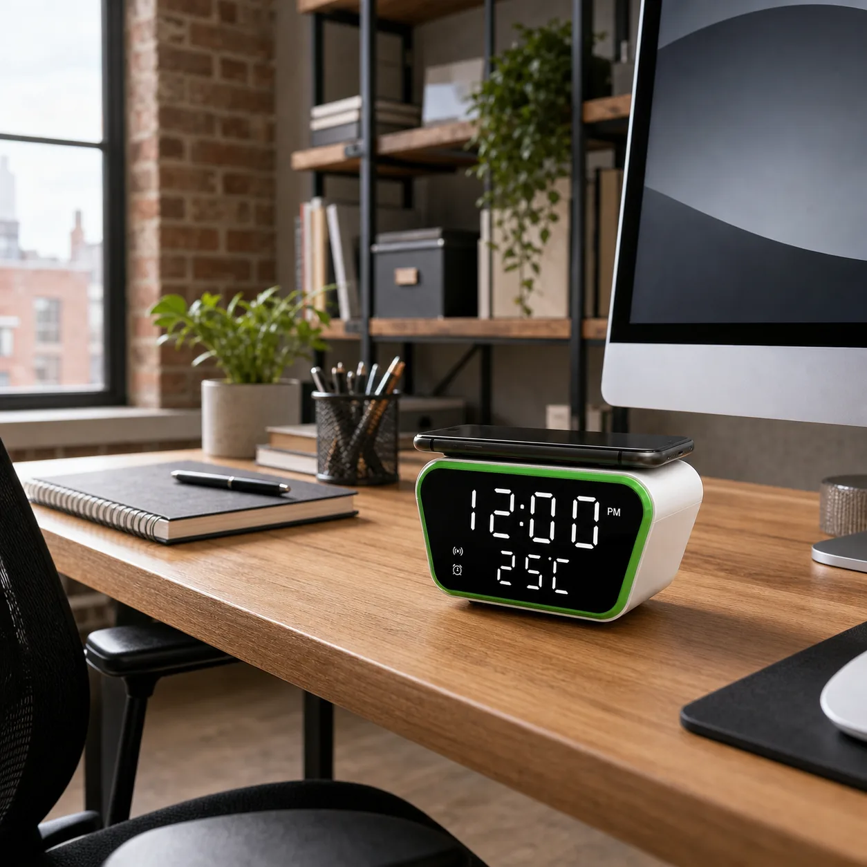 Digital Charging Clock for Home Office Desk White digital clock with green trim and wireless charging phone top on a loft home office desk