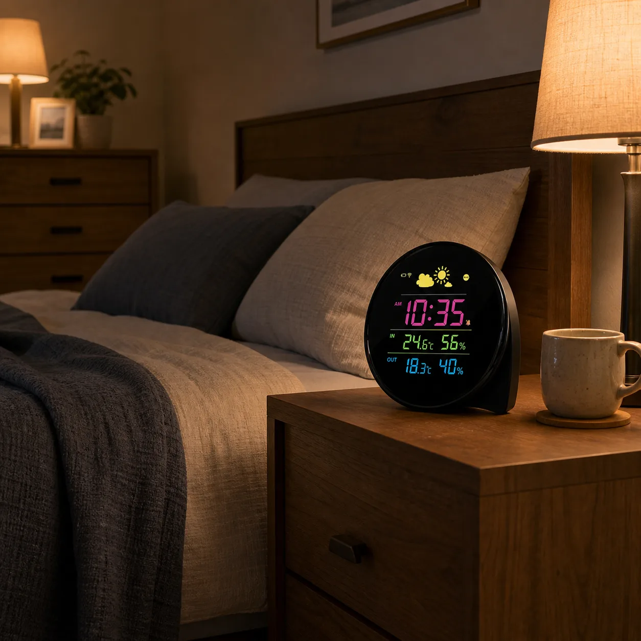 Weather Station Clock on a Bedroom Nightstand Weather Station Clock on a Bedroom Nightstand