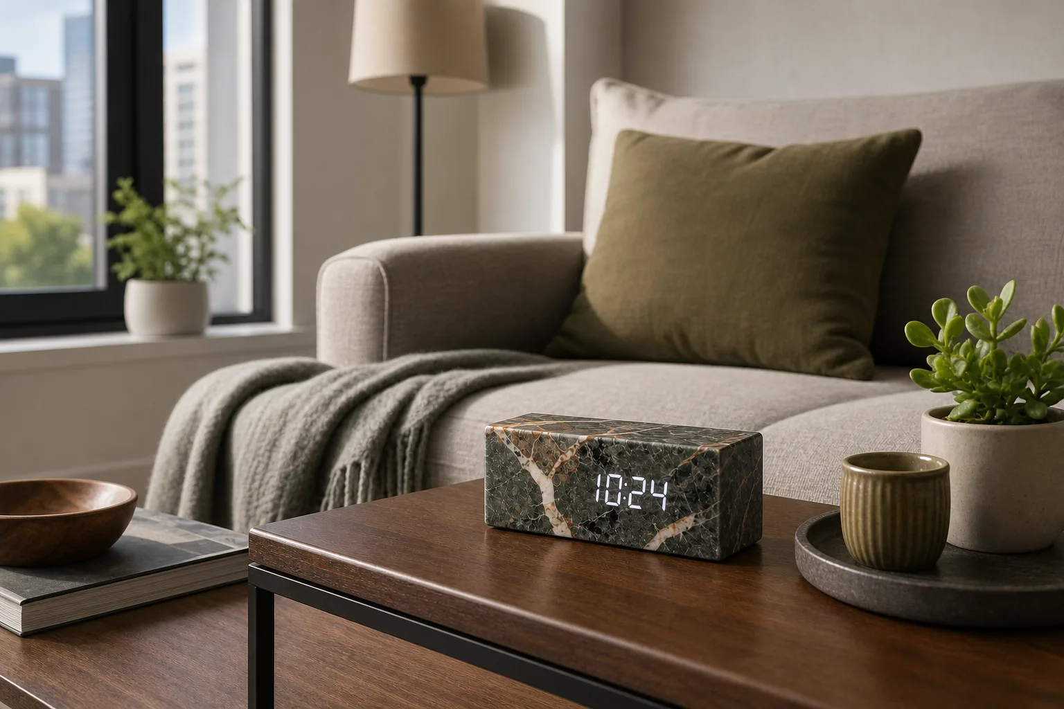 Marble Digital Clock in Apartment Living Room Marble digital desk clock on a coffee table in a city apartment living room with a sofa and floor lamp.