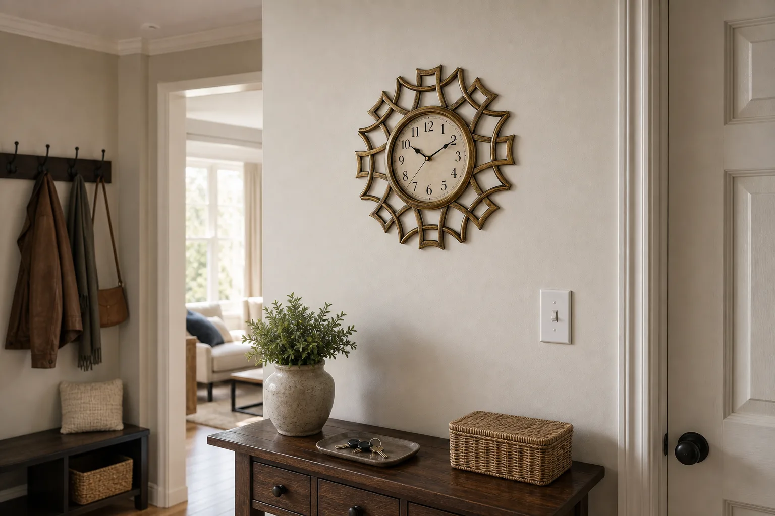 Elegant Gold Wall Clock for Family Entryway Decorative gold wall clock on an entryway wall above a console table near hooks and a light switch