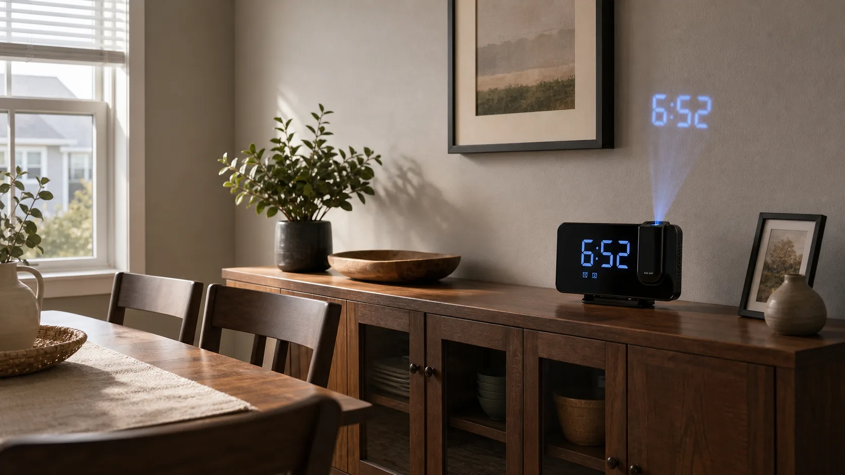 Digital Projection Clock on a Dining Room Sideboard Black LED digital projection alarm clock on a wood dining room sideboard with table and chairs nearby.