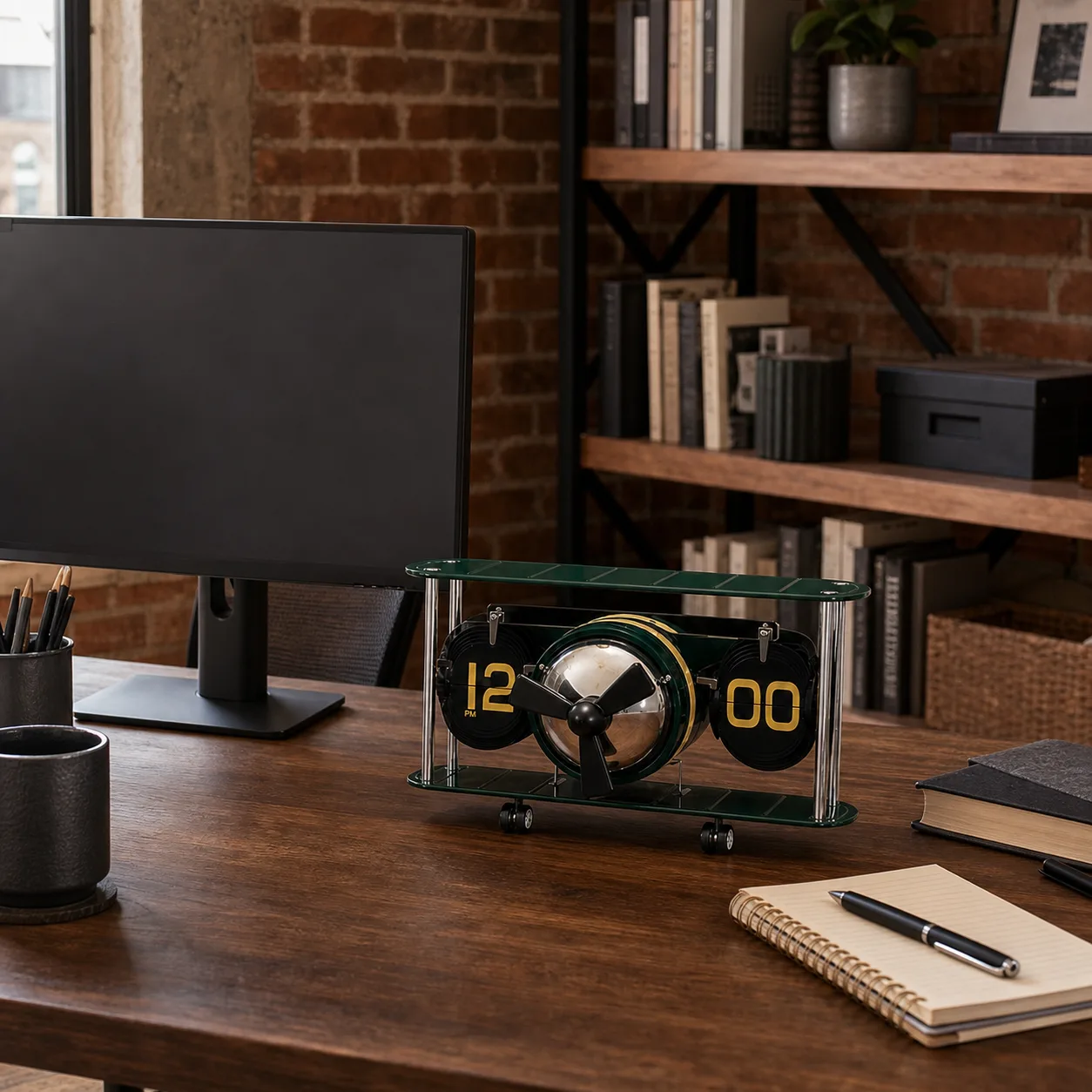 Airplane Flip Clock in a Loft Office Airplane model flip clock on a desk in a loft-style home office with shelves and a blank monitor.