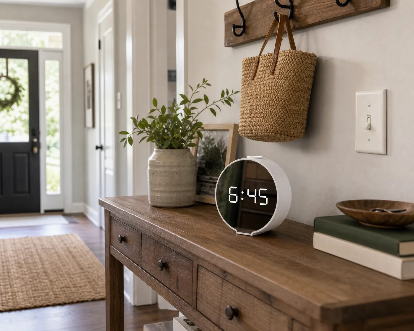 Mirror Digital Alarm Clock on Suburban Entry Console White round mirror digital alarm clock on a suburban entryway console with hooks, trim, door frame, and light switch.