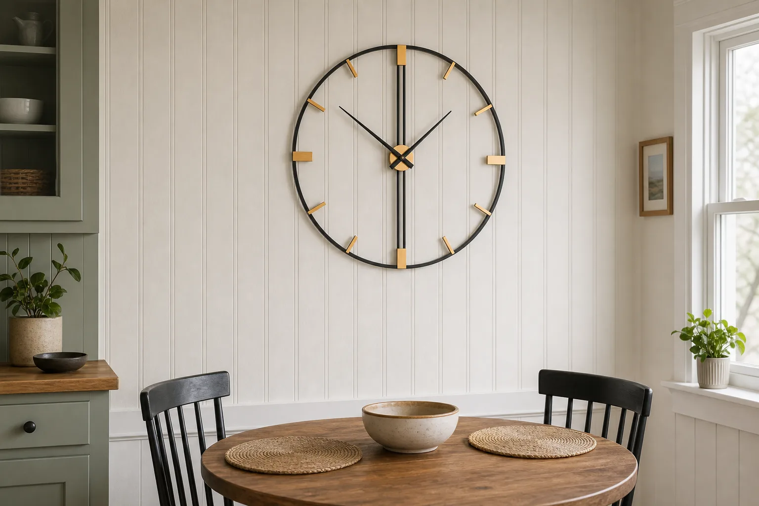 Minimalist Wall Clock in Bright Dining Nook Large open-frame industrial wall clock with black metal frame and wood markers above a round dining nook table.