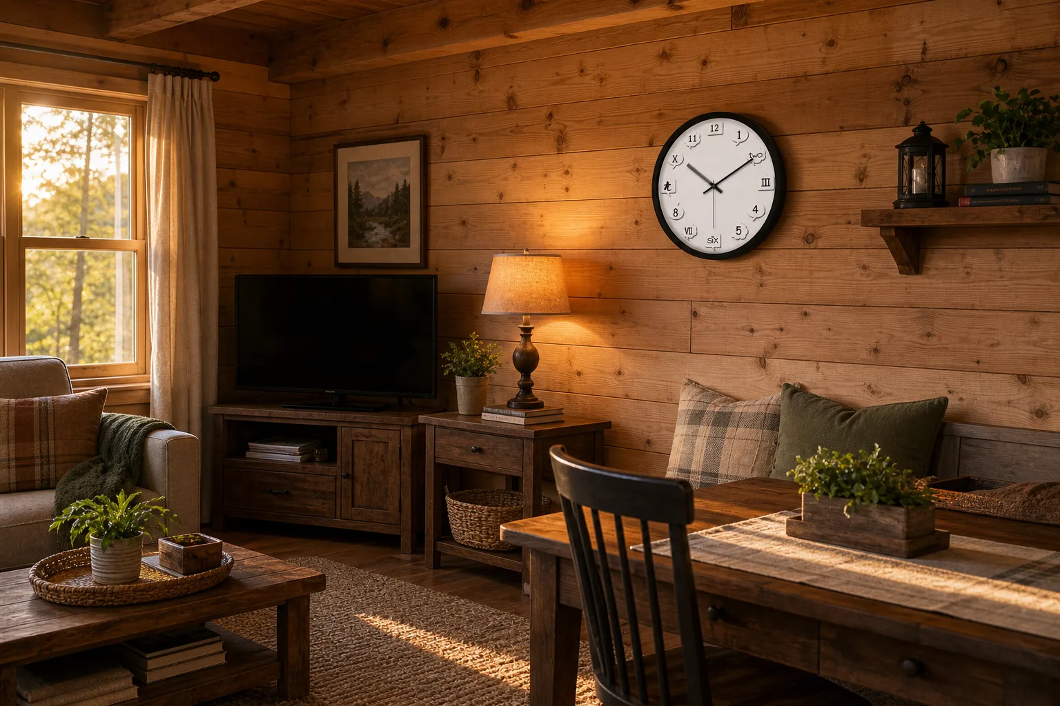 Creative Silent Wall Clock on a Warm Cabin Wall HICAT creative silent wall clock mounted on a wood plank cabin wall with rustic seating and warm light