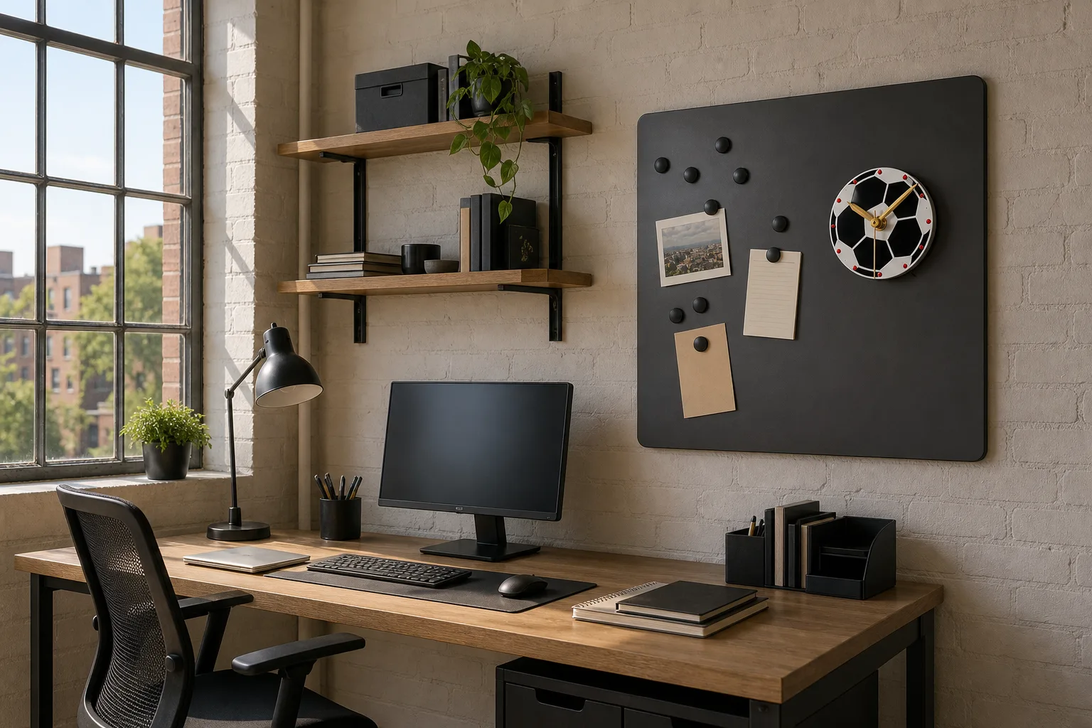 Soccer Ball Clock in Loft Home Office Small magnetic soccer ball clock displayed on a wall memo board above a loft home office desk