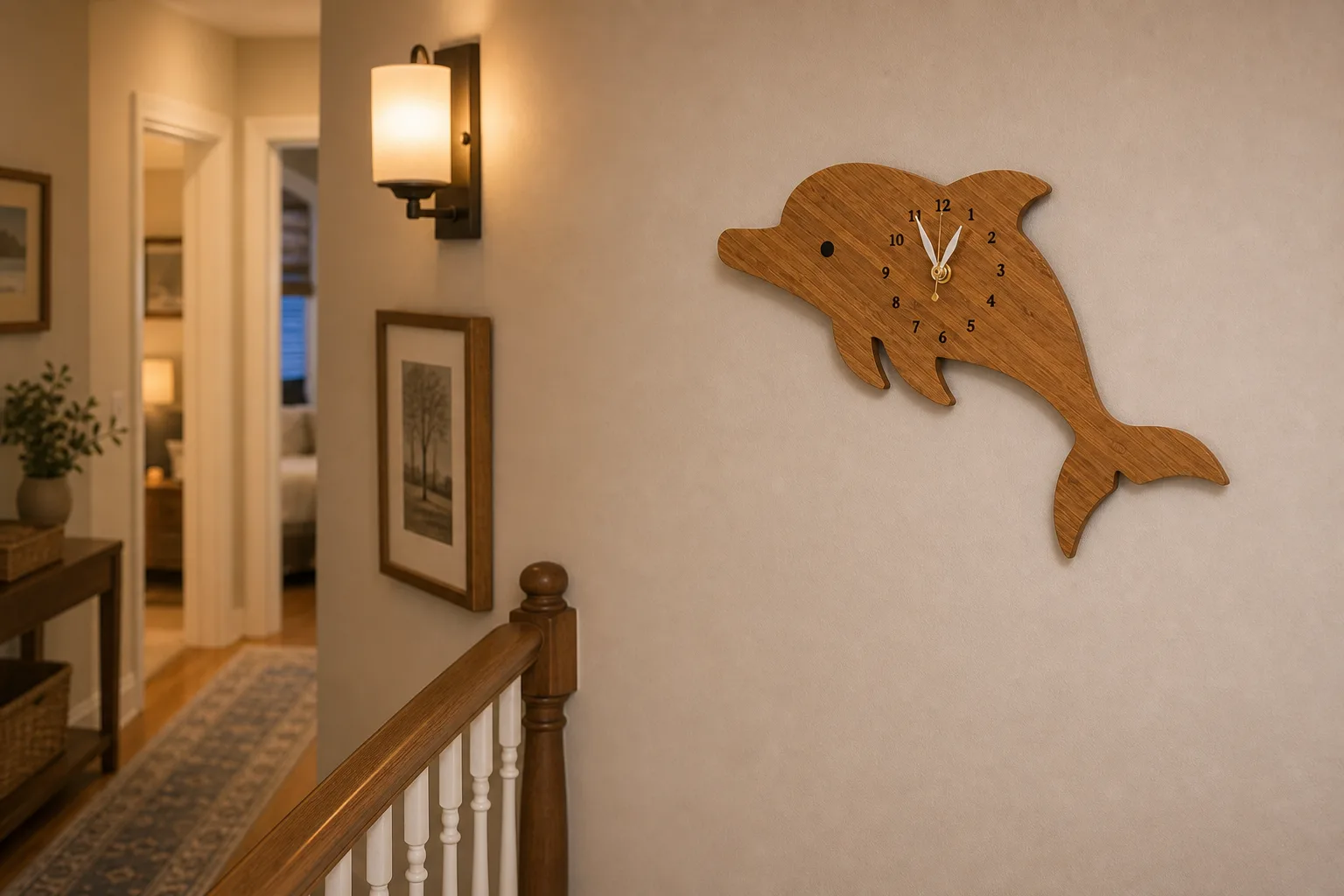 Dolphin Bamboo Wall Clock on a Stair Landing Bamboo dolphin wall clock on a warm hallway wall near a banister, sconce, runner, and framed decor