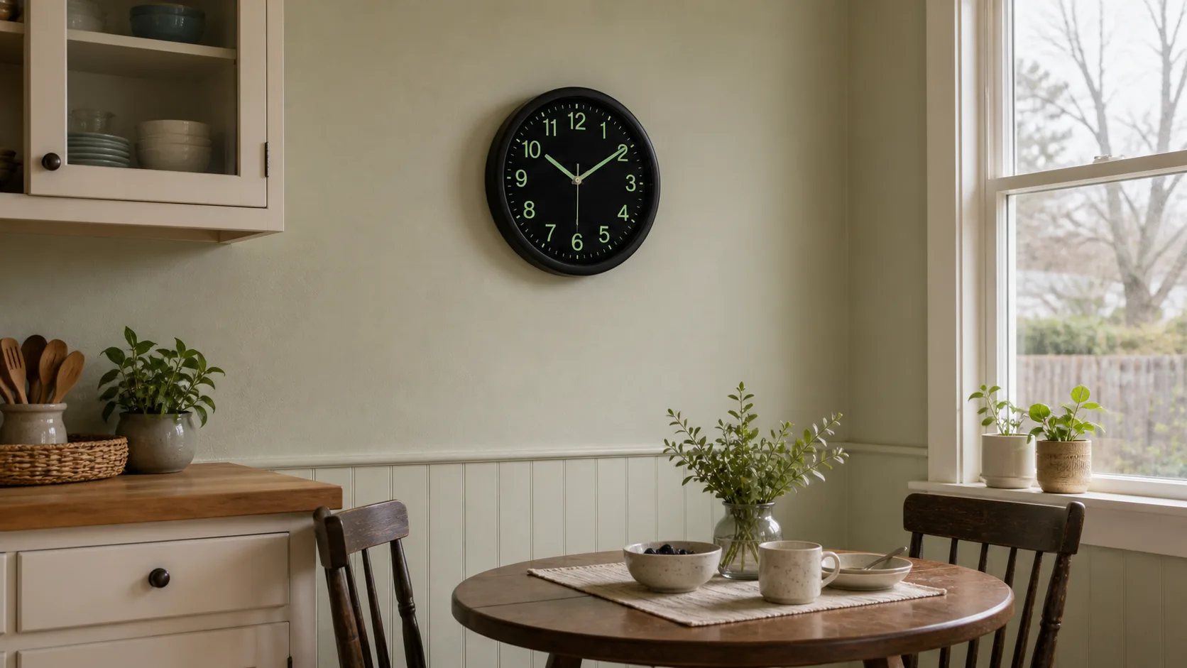 12-Inch Luminous Wall Clock in Family Dining Nook Black luminous wall clock mounted on a small family dining nook wall near a round table.