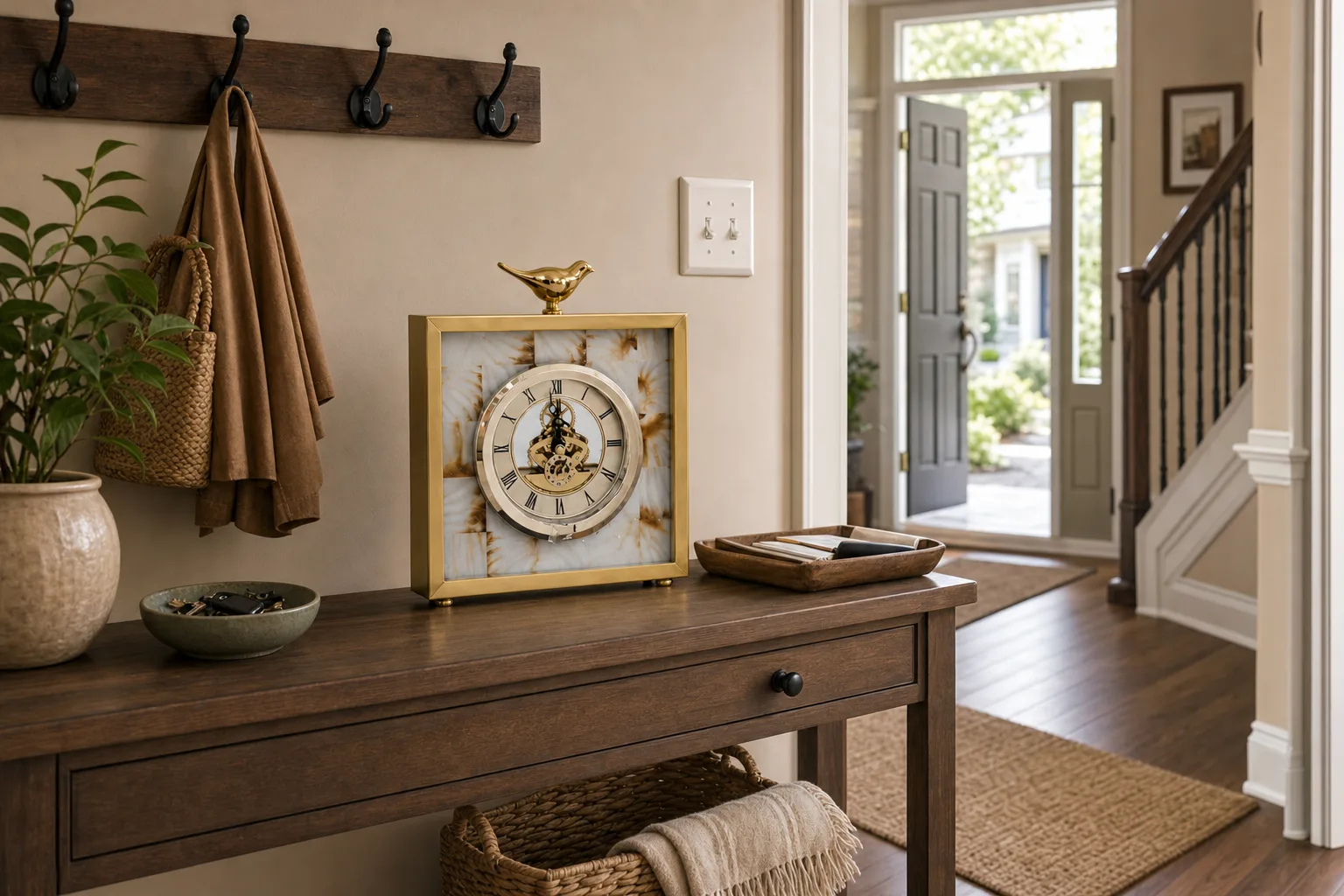 Bird Figurine Desk Clock on an Entryway Console Bird figurine gold desk clock on an entryway console table with hooks, trim, and a light switch nearby.