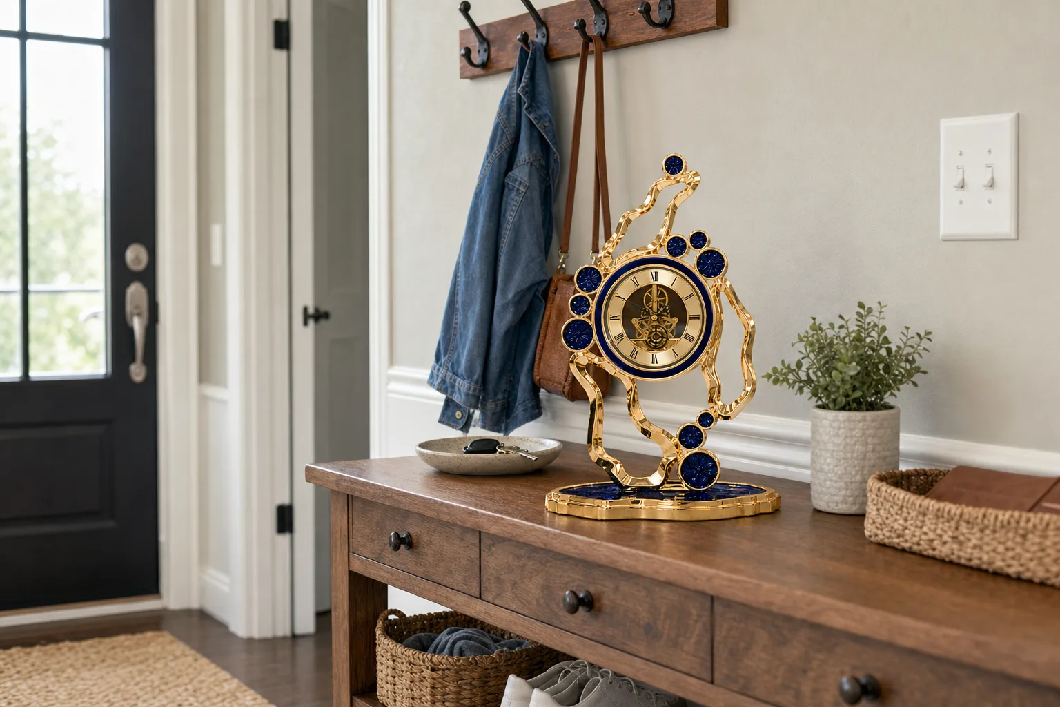 Mechanical Gear Clock Enamel in Suburban Entryway Gold and cobalt enamel mechanical gear tabletop clock on an entryway console table near hooks and a light switch