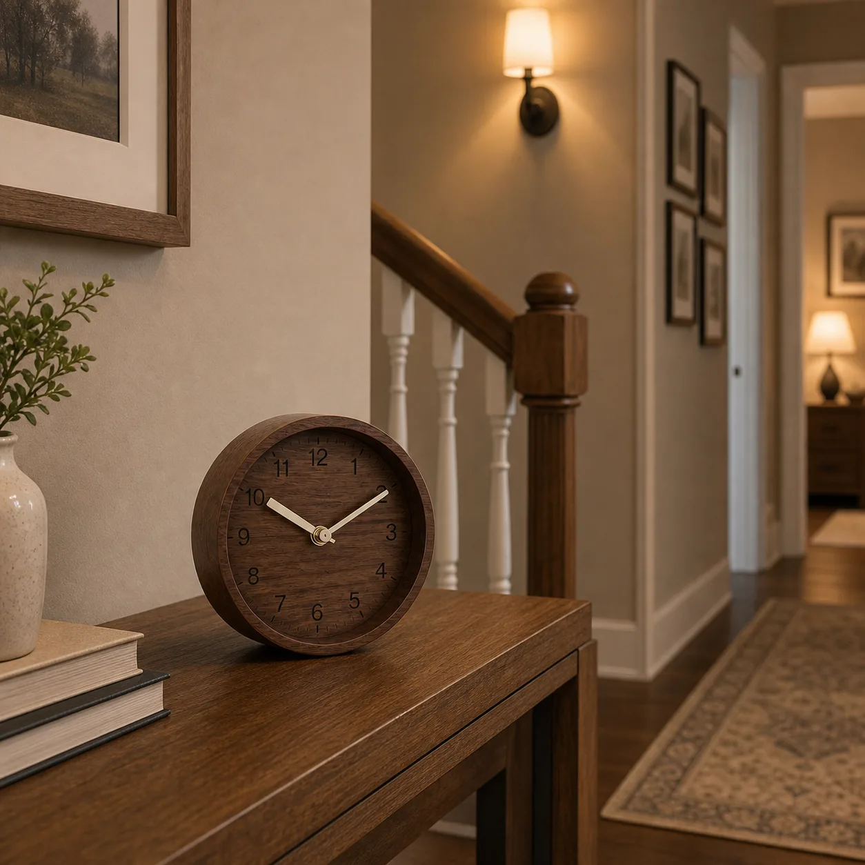 Walnut Desk Clock on Stair Landing Minimalist walnut wooden desk clock on a hallway console near a banister, framed wall art, runner rug, and warm sconce
