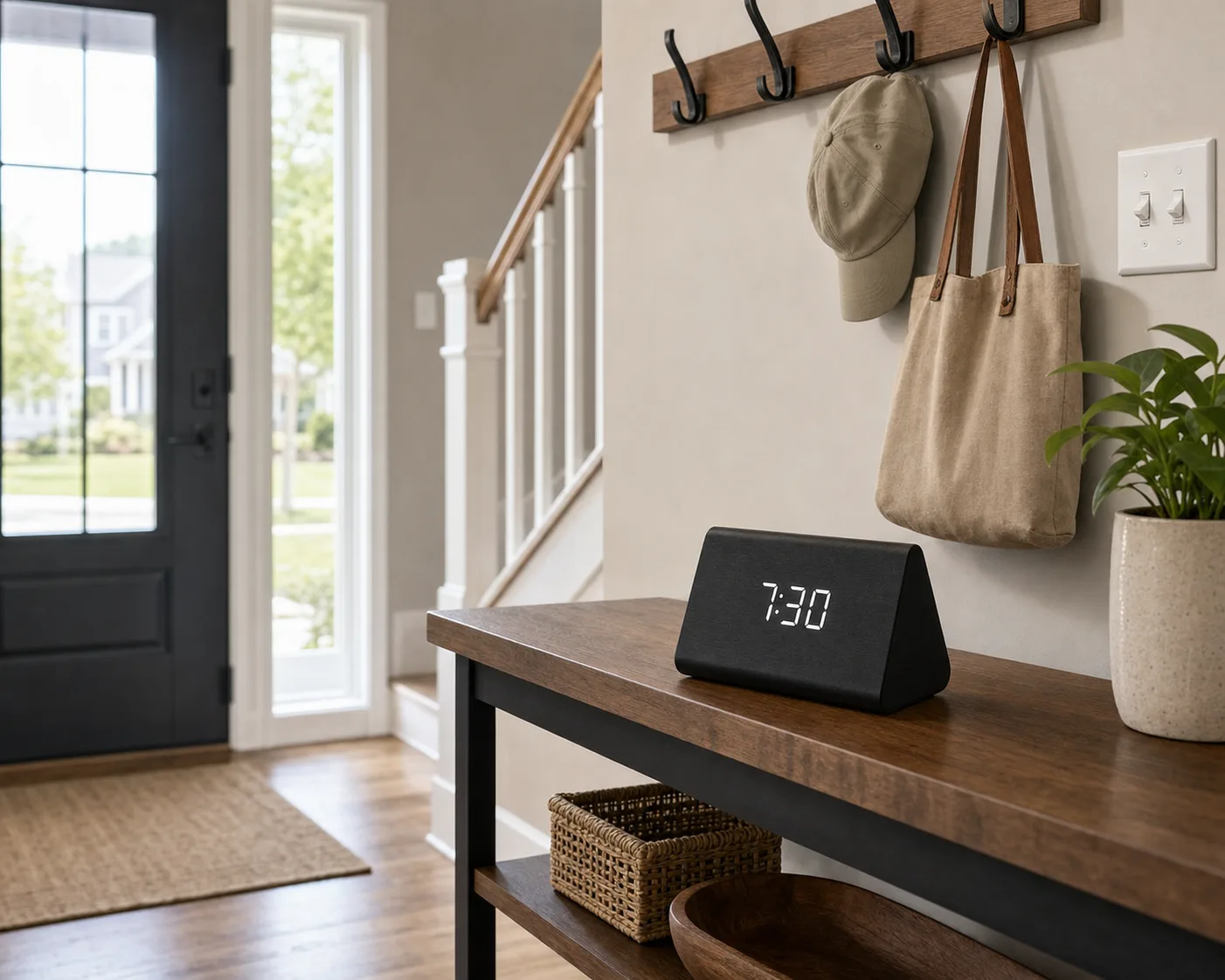 Modern Wood LED Alarm Clock on Entryway Console Black wood LED digital alarm clock on an entryway console table near wall hooks and a light switch.