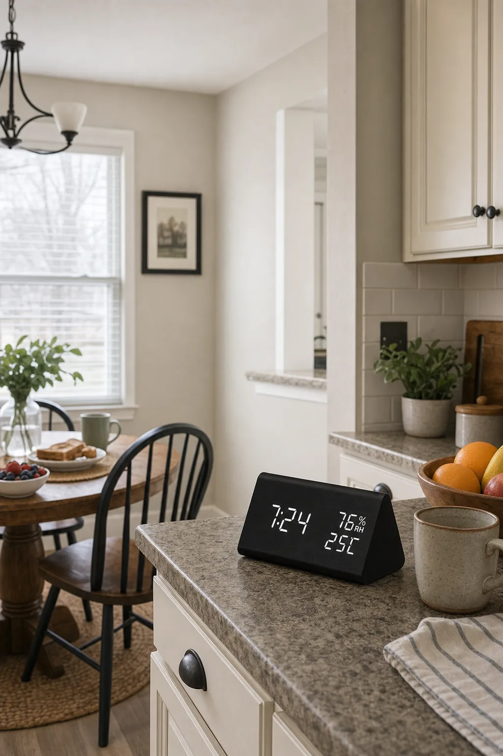 Modern Wood Digital Alarm Clock in a Kitchen Dining Nook Black modern wood digital alarm clock on a kitchen counter beside a dining nook and casual breakfast items
