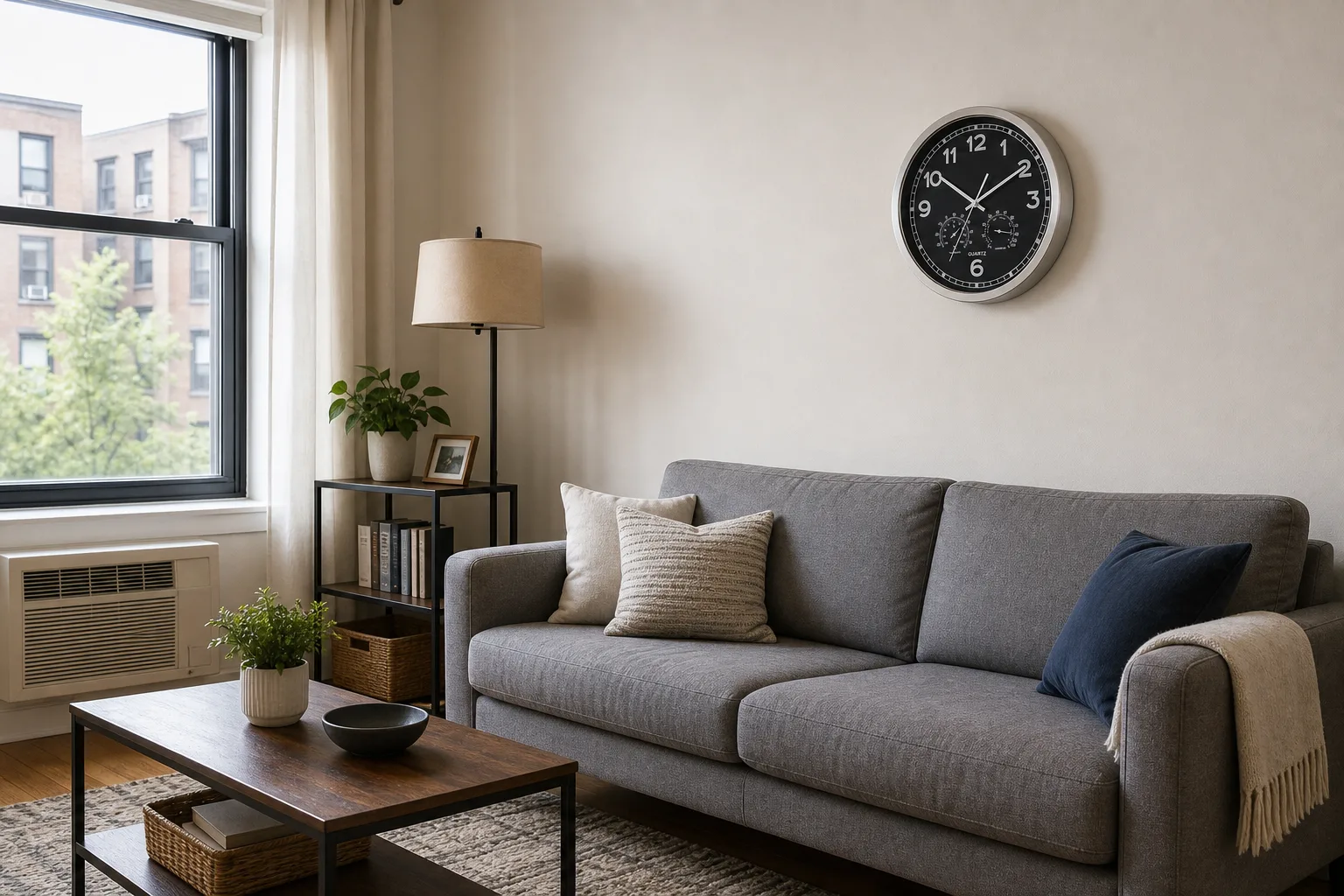 Modern Wall Clock in a City Apartment Living Room Modern wall clock with thermometer and hygrometer above a sofa in a city apartment living room.