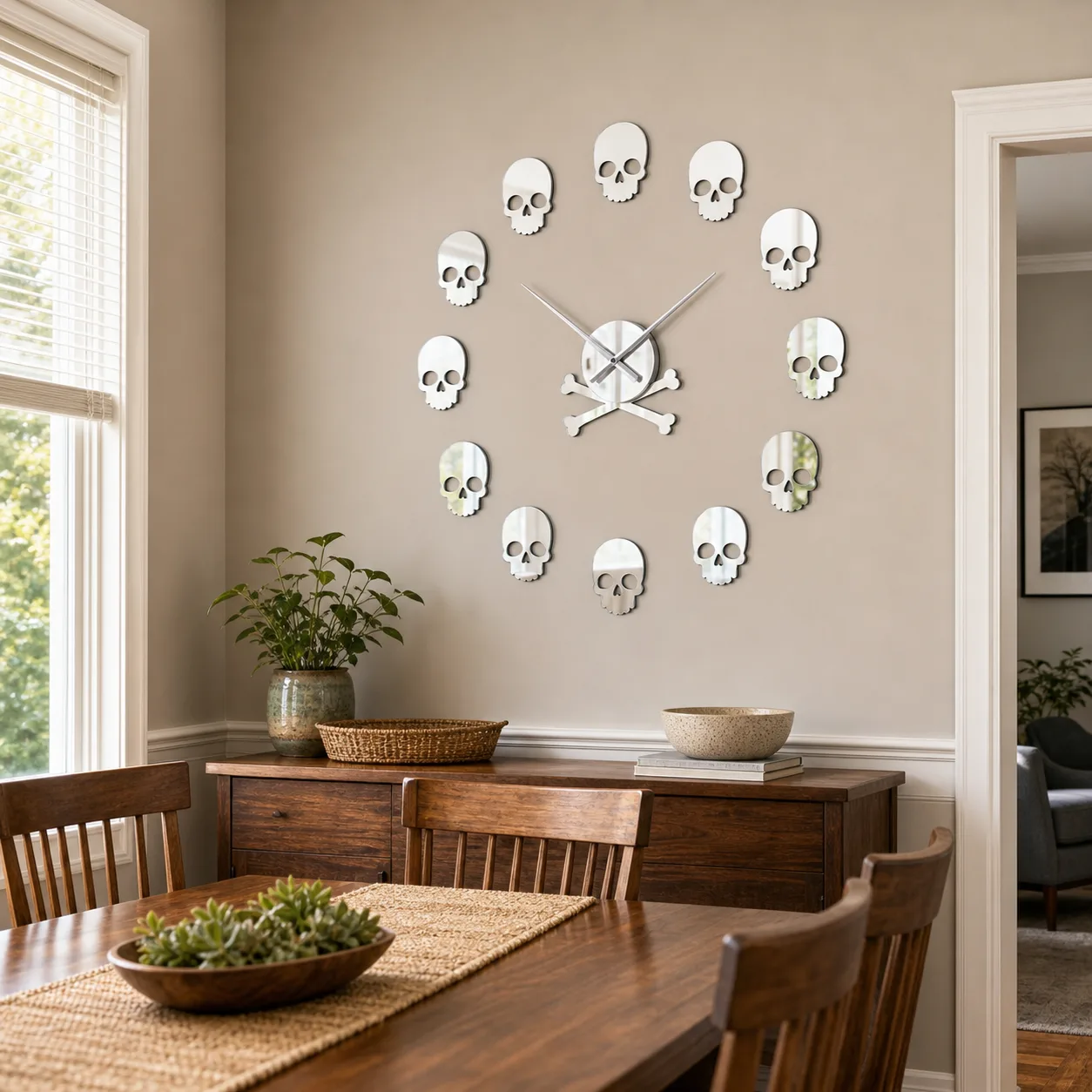 Skull Mirror Clock in a Townhouse Dining Room Reflective skull mirror wall clock above a wood sideboard in a suburban townhouse dining room.