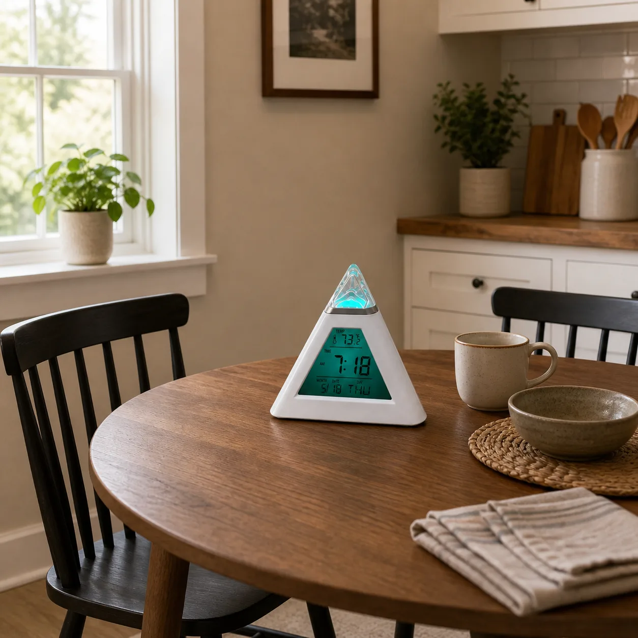 Modern Digital Alarm Clock in a Dining Nook Triangular digital alarm clock on a round dining table in a small family dining nook with two chairs, window trim, and cabinets.