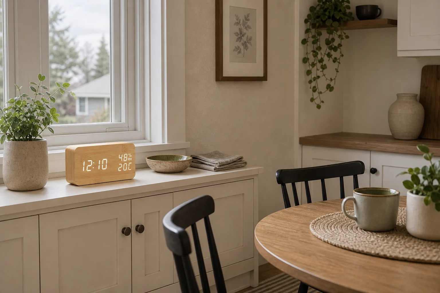 Wood Grain Digital Alarm Clock in Dining Nook Wood Grain Digital Alarm Clock in Dining Nook