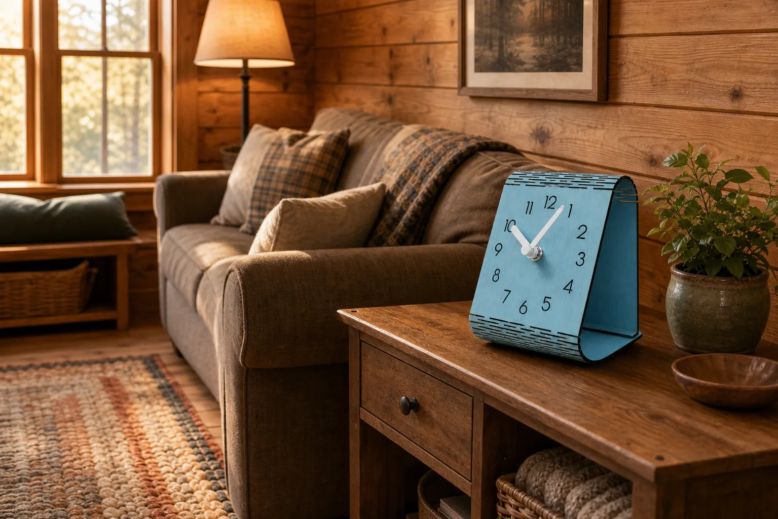 Blue Desk Clock in Warm Cabin Living Room Light blue wooden desk clock on a cabin side table with plank wall, sofa, lamp, and woven rug.
