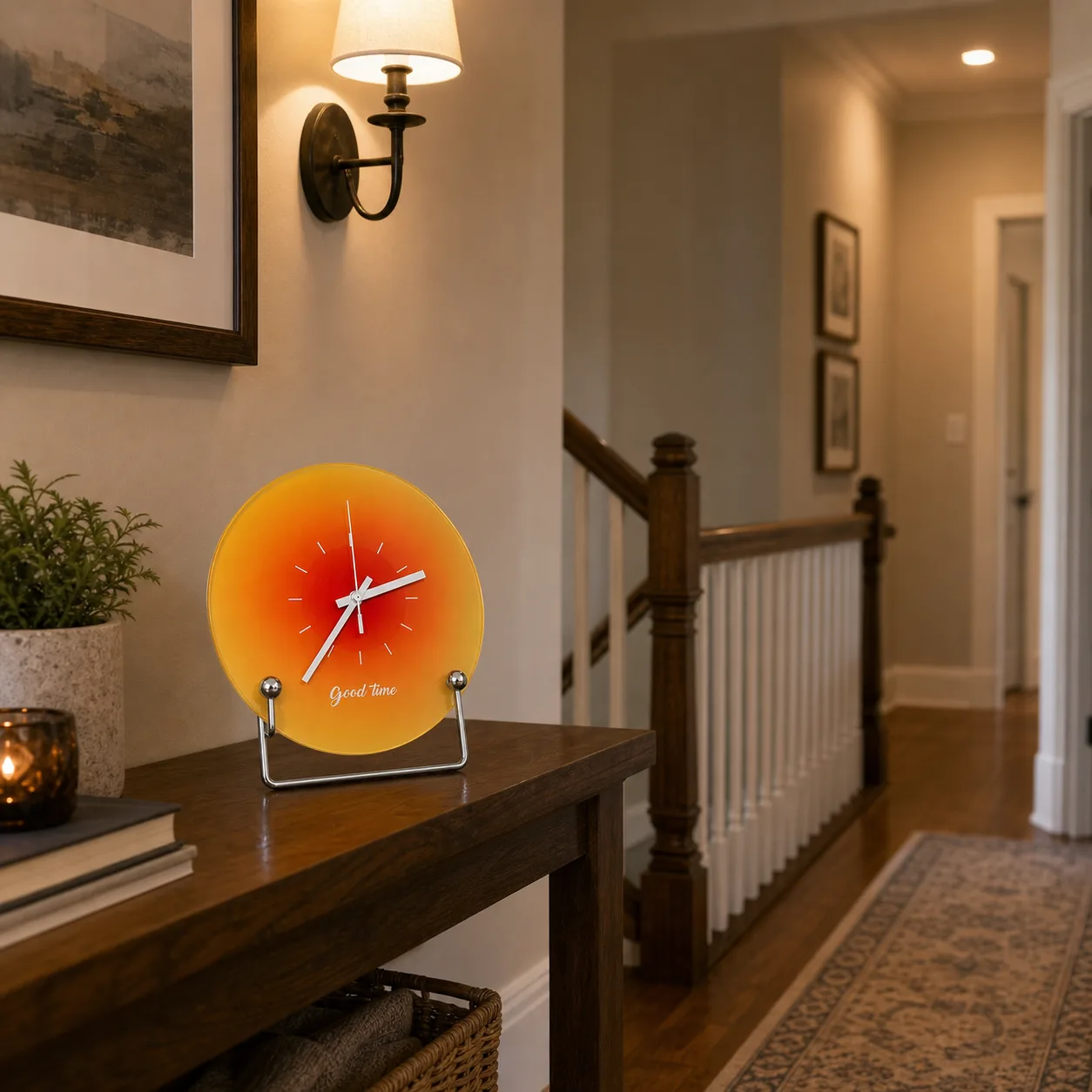 Sunset Desk Clock on Stair Landing Console Round glass sunset desk clock on a hallway console near a banister, runner rug, framed decor, and wall sconce
