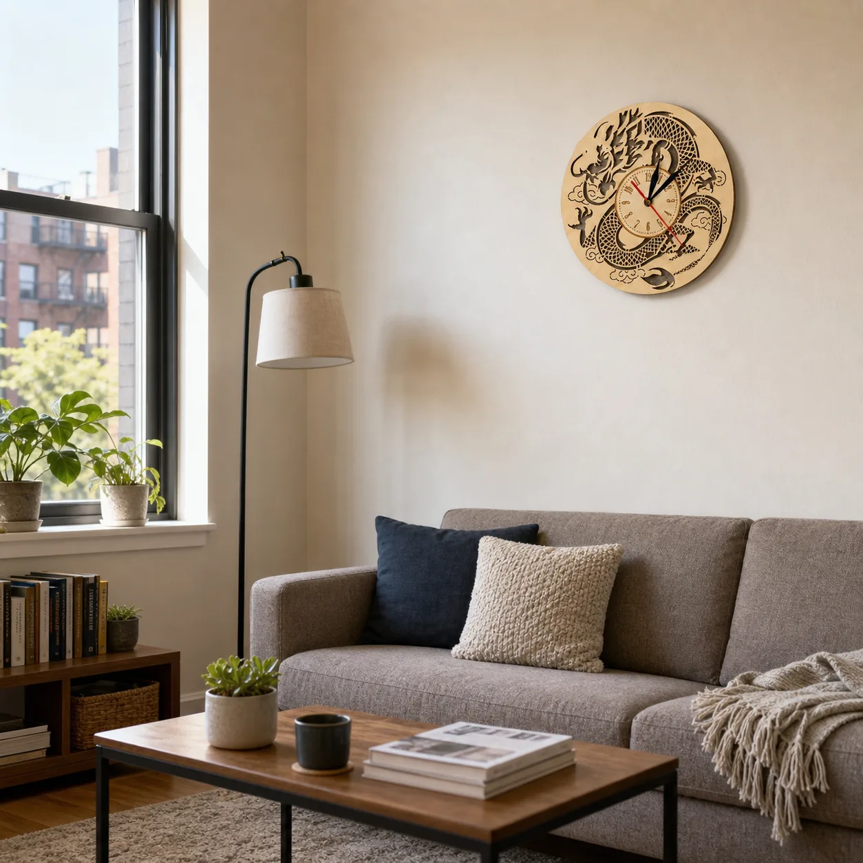 Dragon Wall Clock in a City Apartment Laser cut wooden dragon wall clock mounted above a sofa in a modest city apartment living room.