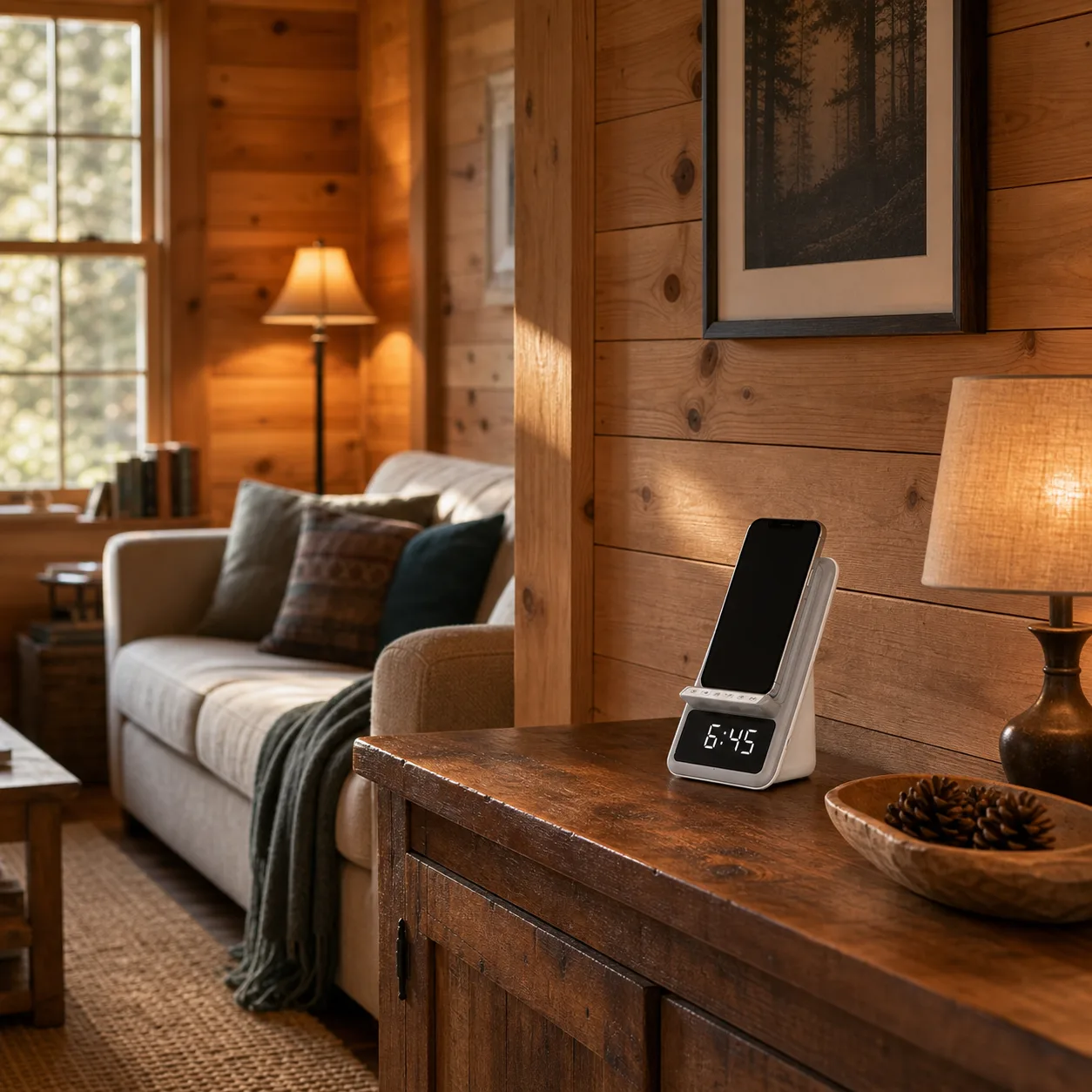 Digital Alarm Clock Charging Stand in Warm Cabin Living Room Digital Alarm Clock Charging Stand in Warm Cabin Living Room