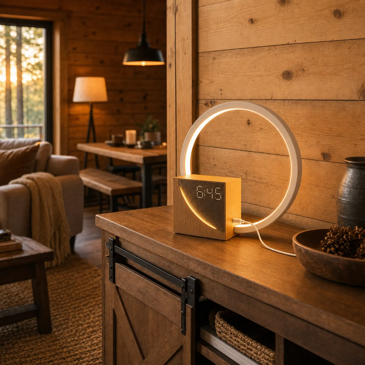Cabin Sideboard Alarm Clock Lamp Modern wood alarm clock lamp with warm circular light on a cabin sideboard by a plank wall