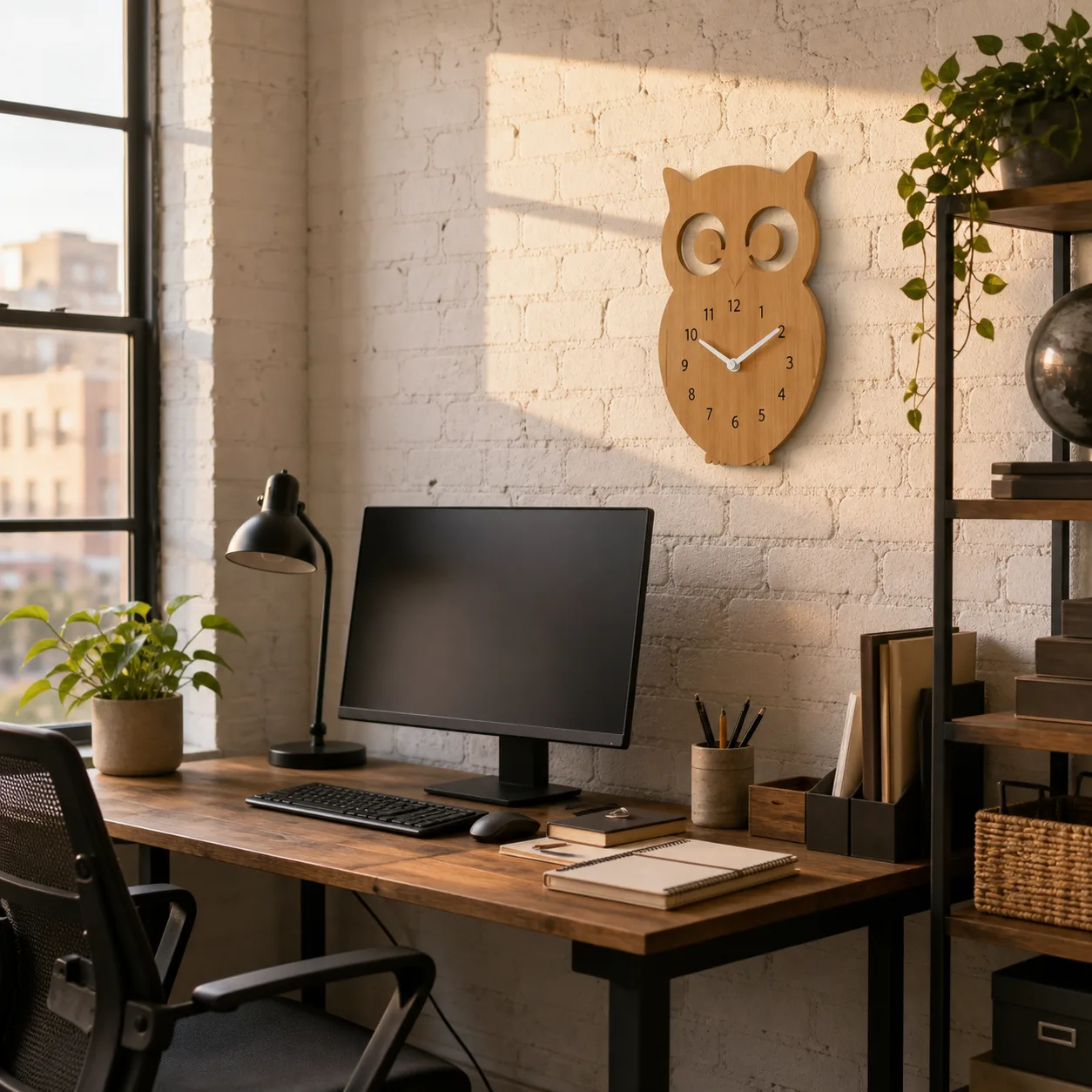 Bamboo Owl Wall Clock in Loft Home Office Bamboo owl wall clock mounted on a painted brick study wall above a desk with a monitor and shelves.