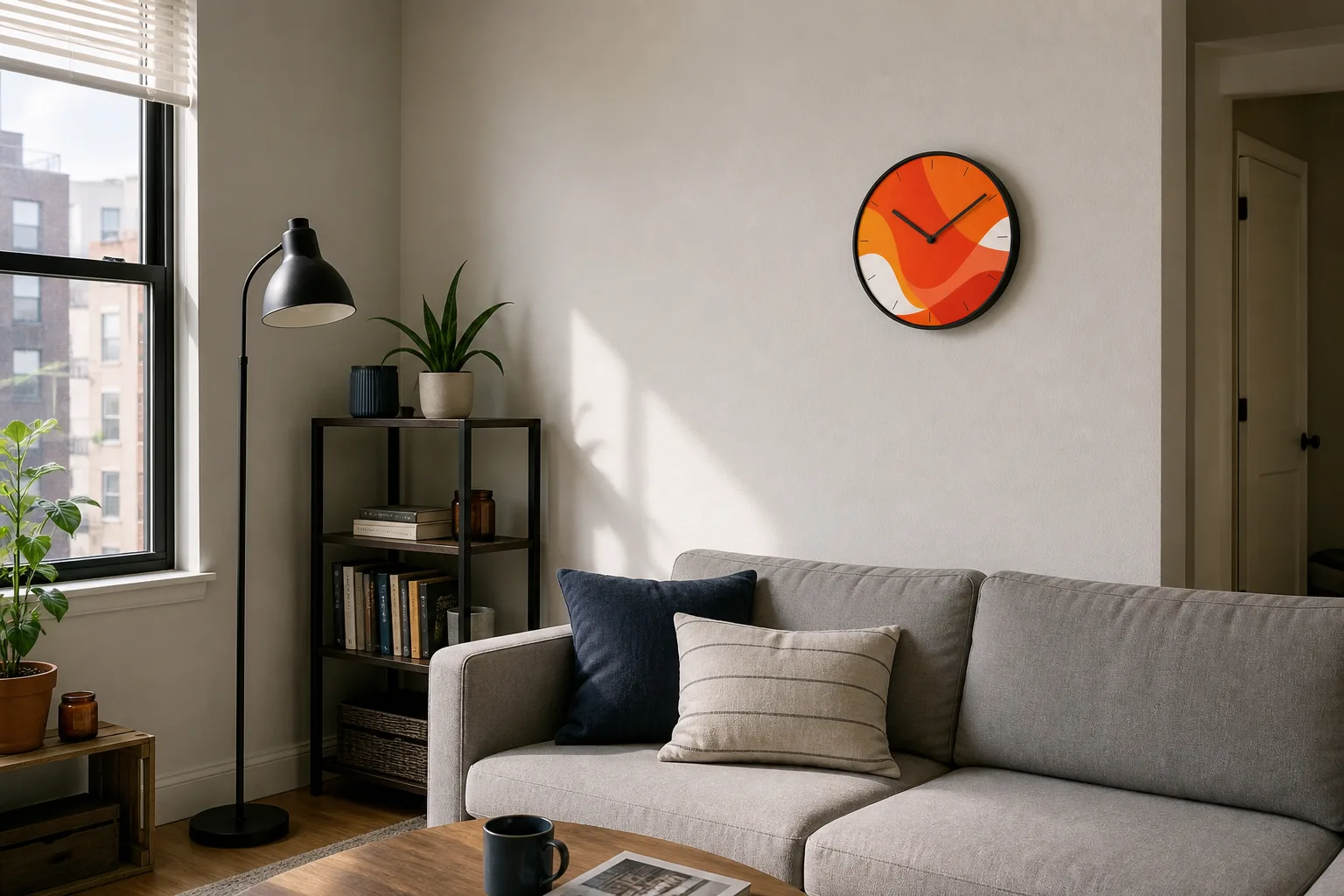 Modern Abstract Silent Wall Clock in Vibrant Orange image Modern Abstract Silent Wall Clock in Vibrant Orange