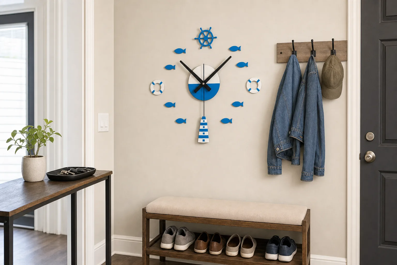 Nautical Clock Kit in an Apartment Entry Nautical DIY wall clock kit on a neutral apartment entryway wall above a shoe bench and beside coat hooks