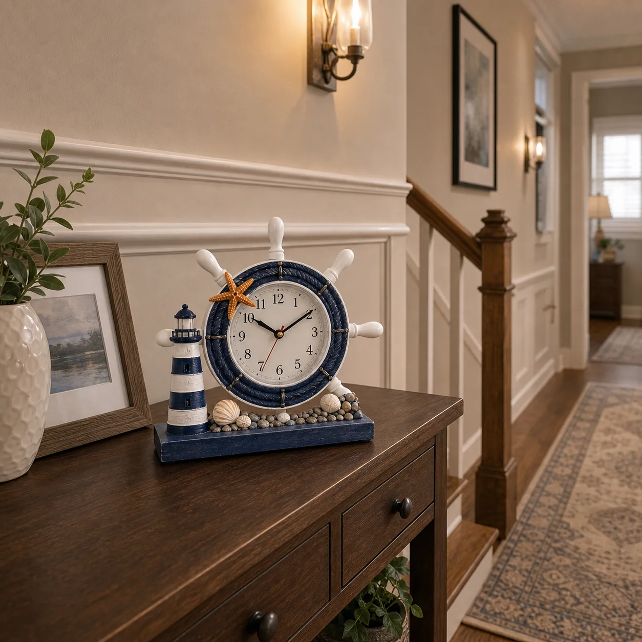 Nautical Ship Wheel Clock on Hallway Console Table Nautical ship wheel desk clock on a hallway console table near a stair banister and warm wall sconce