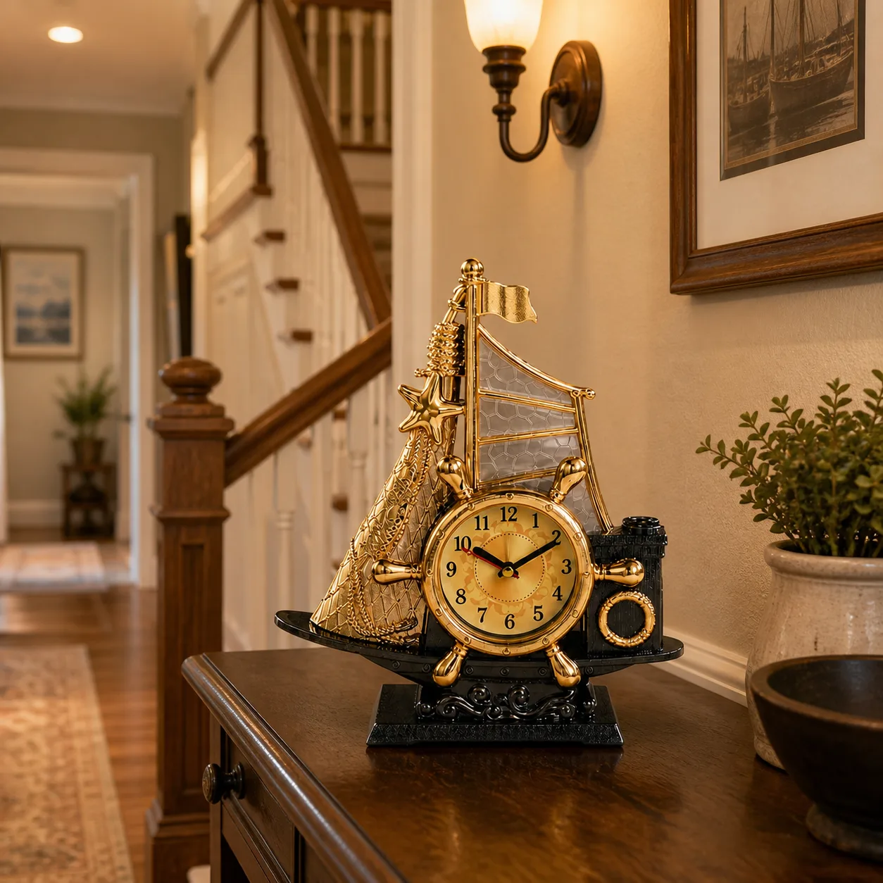 Sailing Ship Desk Clock on Stair Landing Console Gold nautical sailing ship desk clock on a console table near a stair banister with warm evening hallway lighting